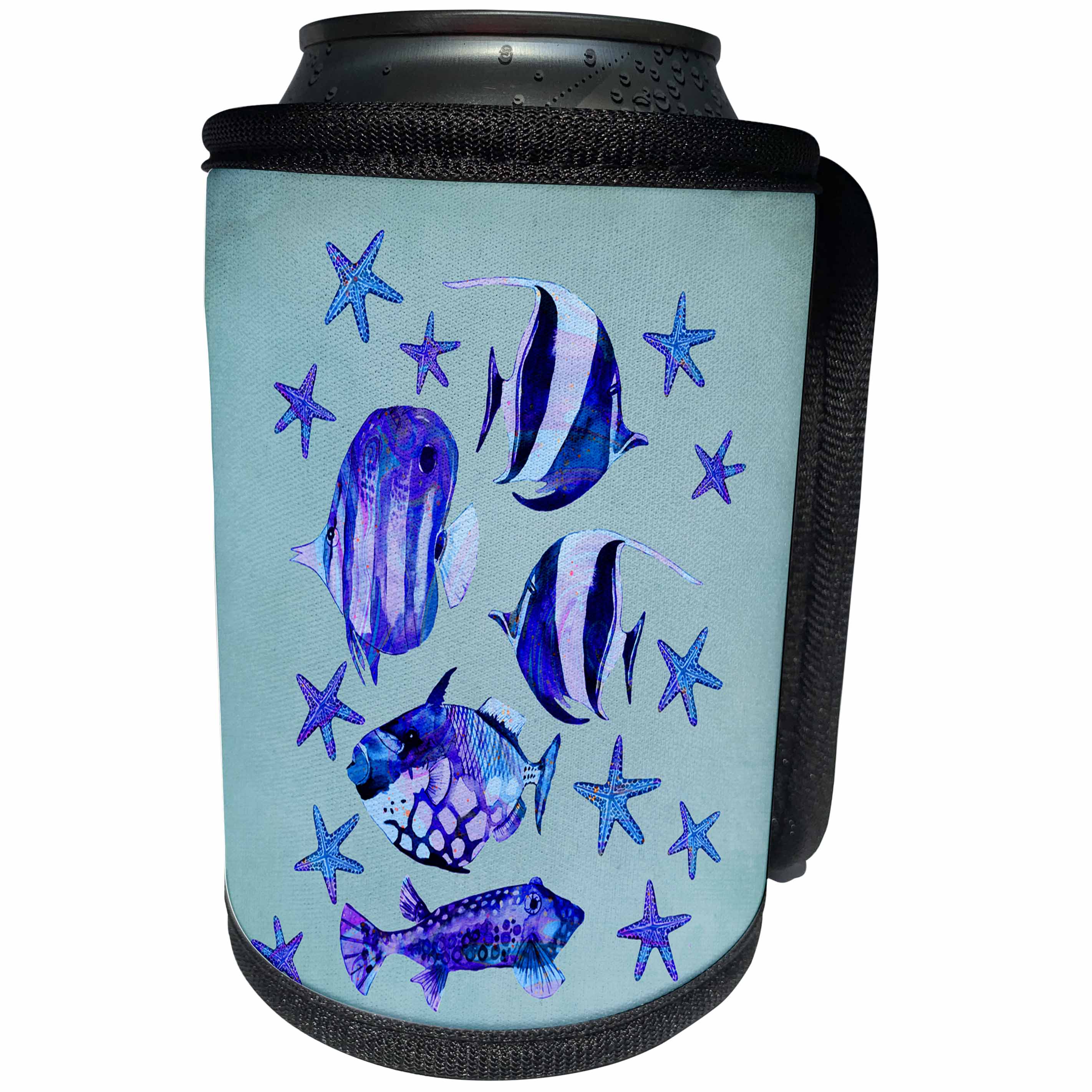3dRose Andrea Haase Animals Illustration - Shoal Of Blue and Turquoise Frisch And Starfish - Can Cooler Bottle Wrap (cc_282479)