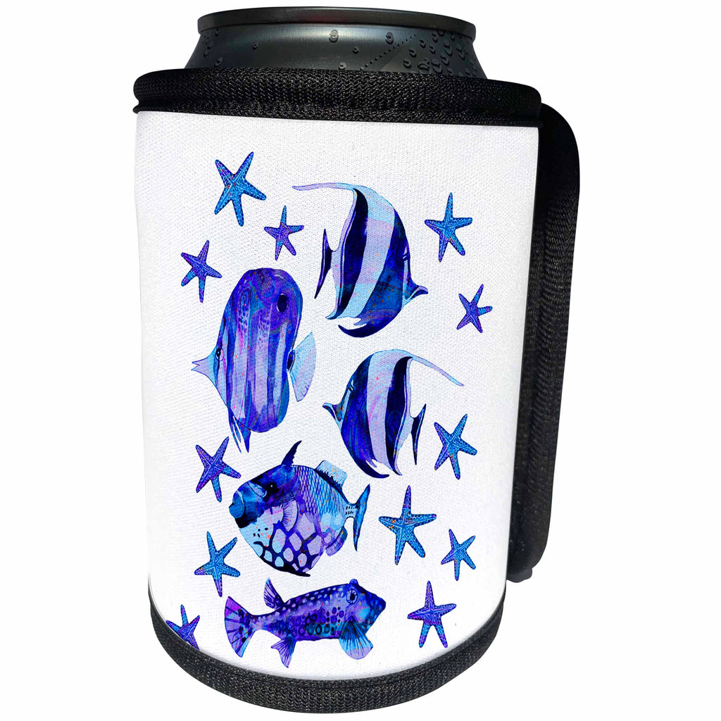 3dRose Andrea Haase Animals Illustration - Watercolor Painting Blue Fishes and Starfish - Can Cooler Bottle Wrap (cc_282480)