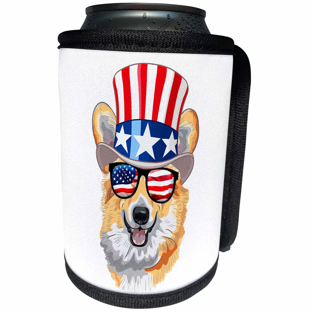 3dRose Patriotic American Dogs - Corgi Dog With American Flag Sunglasses and Top hat - Can Cooler Bottle Wrap (cc_282707)