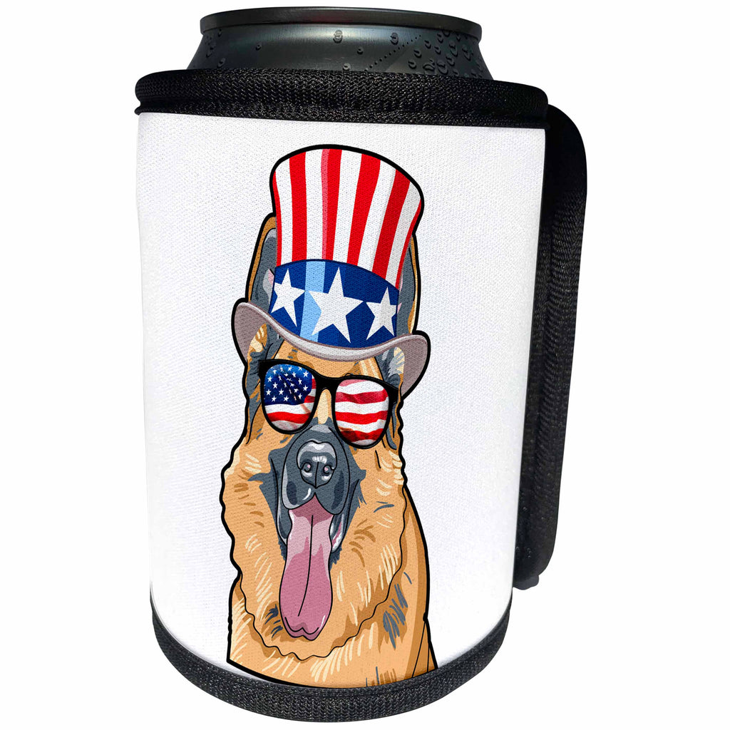 3dRose Patriotic American Dogs - German Shepherd Dog With American Flag Sunglasses and Top hat - Can Cooler Bottle Wrap (cc_282708)