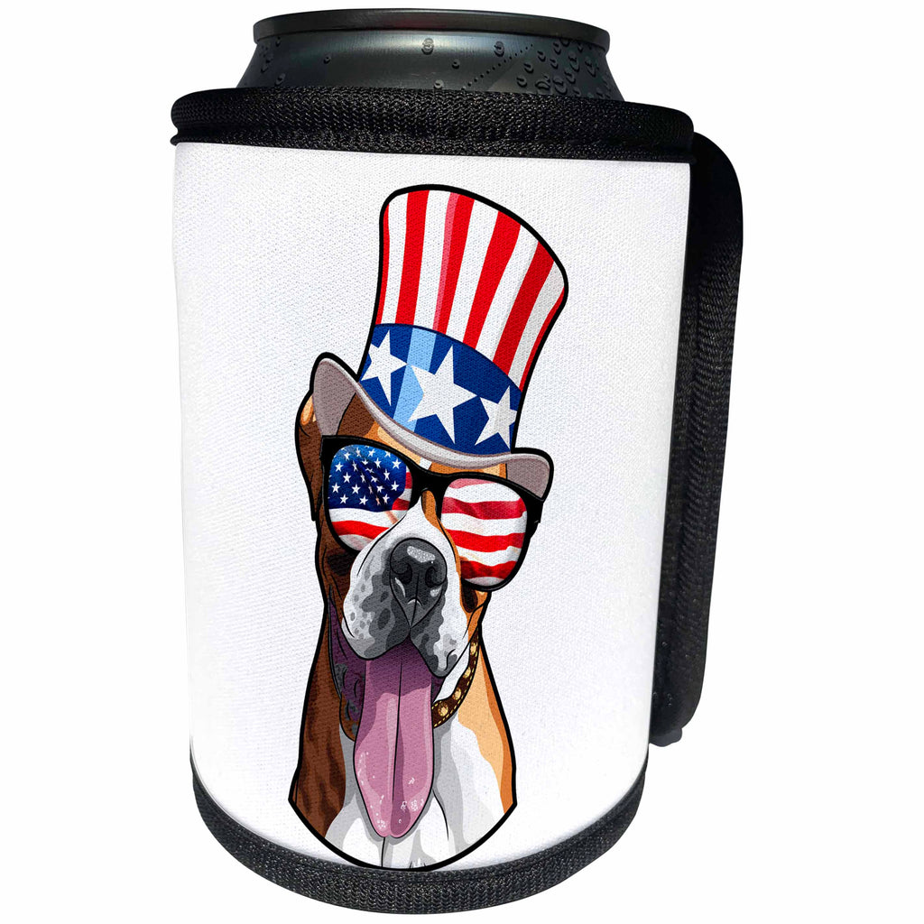 3dRose Patriotic American Dogs - Boxer Dog With American Flag Sunglasses and Top hat - Can Cooler Bottle Wrap (cc_282710)
