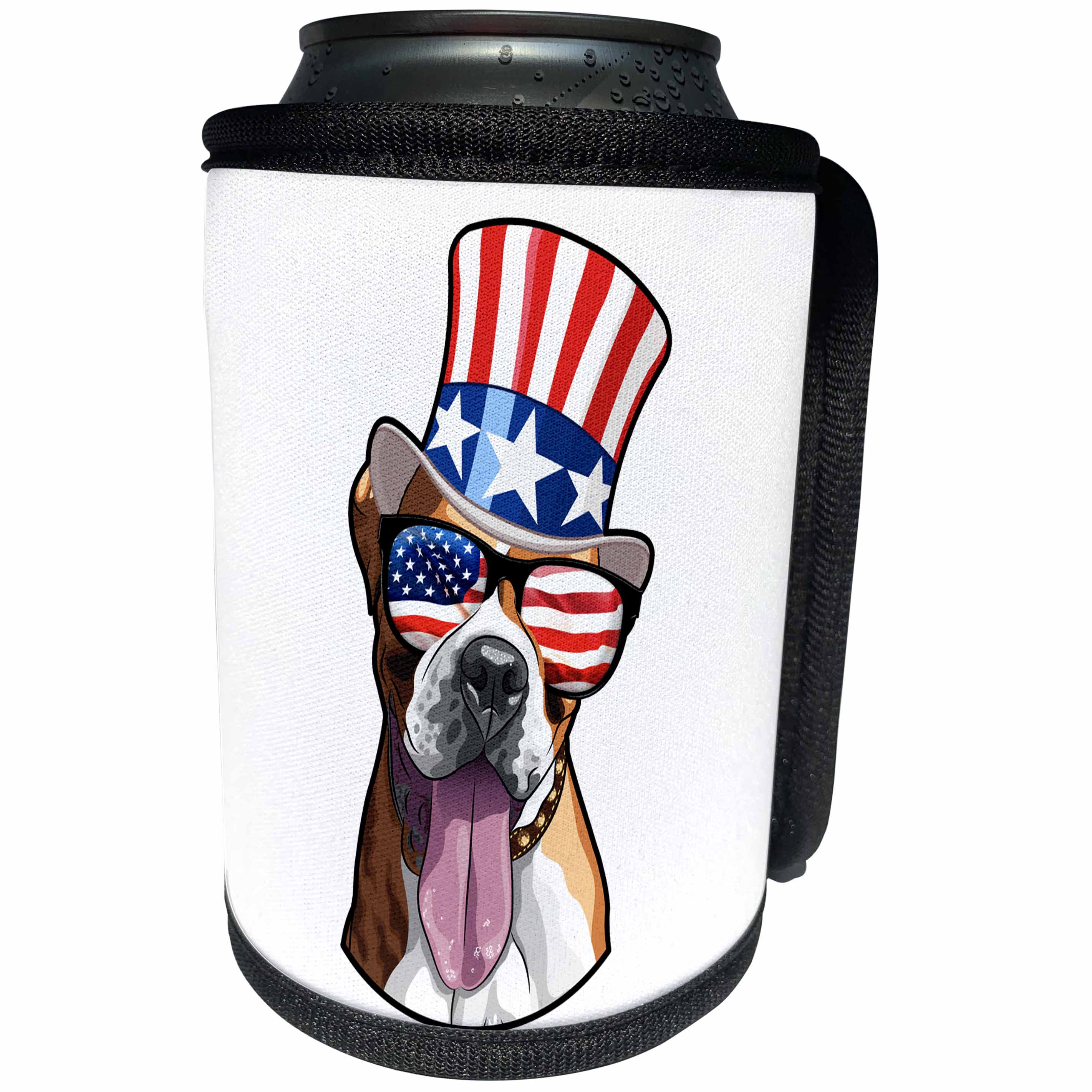 3dRose Patriotic American Dogs - Boxer Dog With American Flag Sunglasses and Top hat - Can Cooler Bottle Wrap (cc_282710)