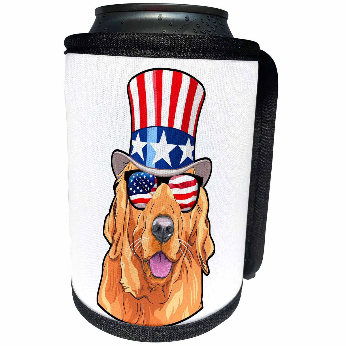 3dRose Patriotic American Dogs - Golden Retriever Dog With American Flag Sunglasses and Top hat - Can Cooler Bottle Wrap (cc_282714)