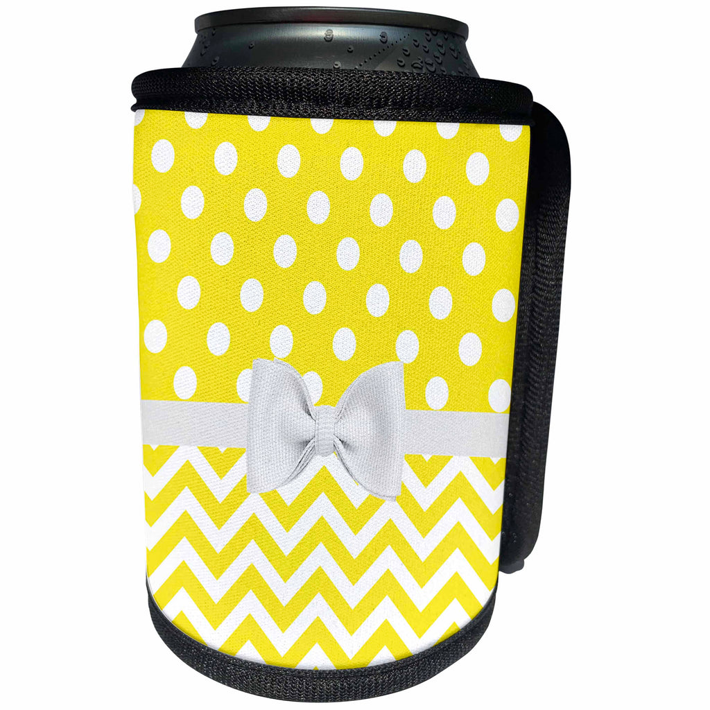 3dRose Anne Marie Baugh - Designs - Cute Yellow and White Polka Dots Over Chevron Stripes With Bow - Can Cooler Bottle Wrap (cc_282880)