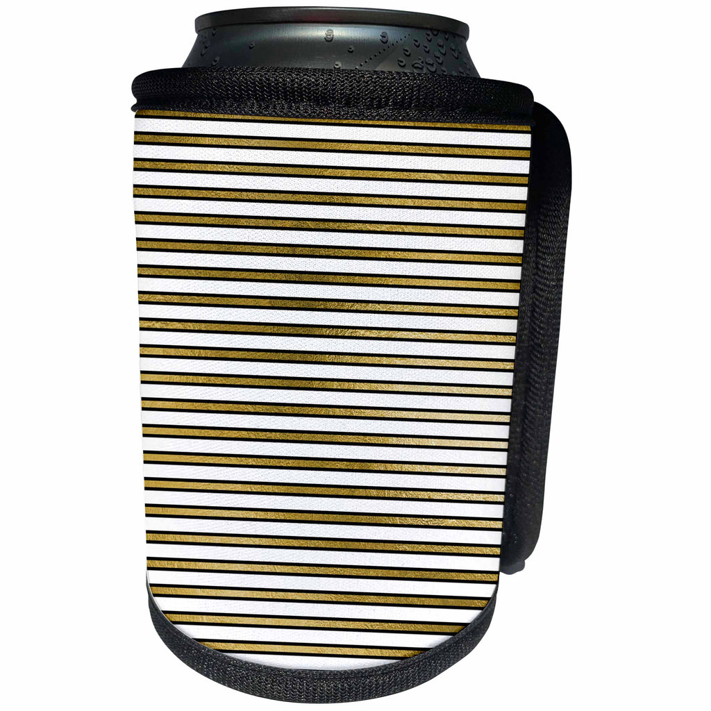 3dRose Anne Marie Baugh - Patterns - Contemporary Gold Faux Foil Black Outlined Stripes - Can Cooler Bottle Wrap (cc_283035)