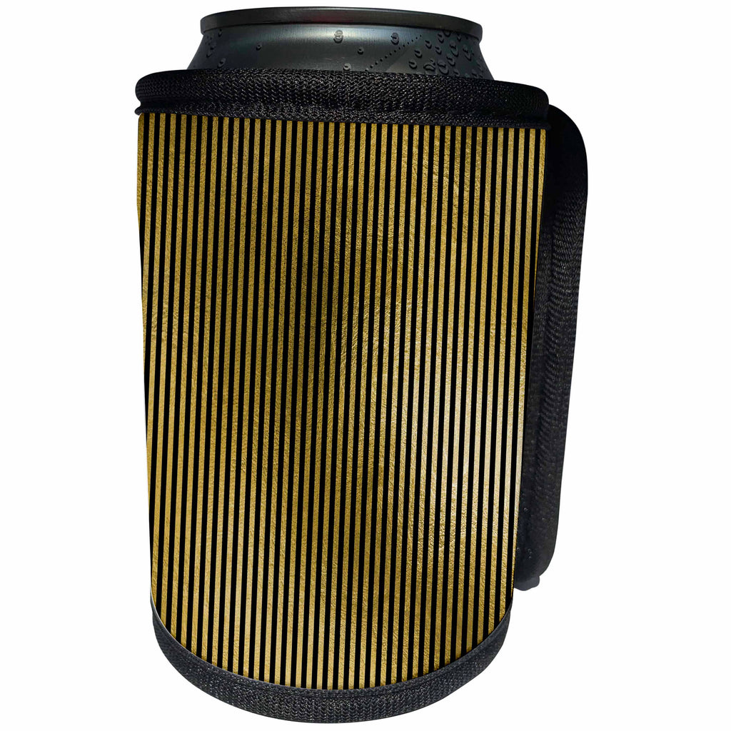3dRose Anne Marie Baugh - Patterns - Modern Faux Gold and Black Vertical Stripes Pattern - Can Cooler Bottle Wrap (cc_283042)
