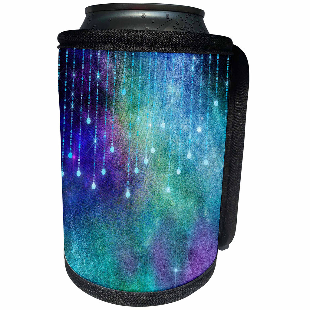3dRose Anne Marie Baugh - Design - Pretty Green and Purple Watercolor With String Light Drops - Can Cooler Bottle Wrap (cc_283049)