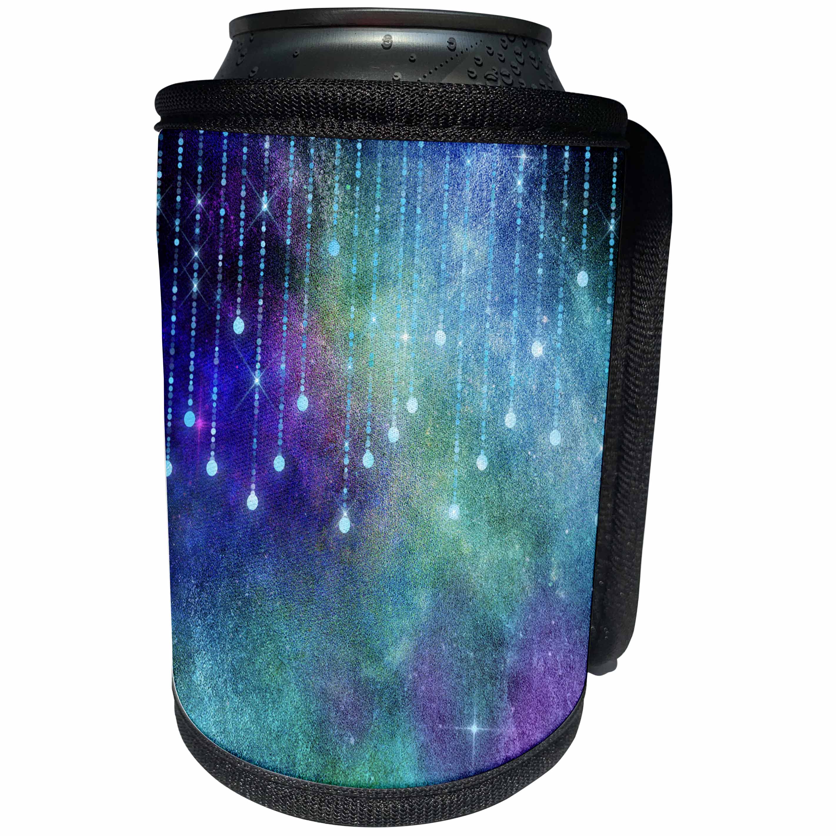 3dRose Anne Marie Baugh - Design - Pretty Green and Purple Watercolor With String Light Drops - Can Cooler Bottle Wrap (cc_283049)