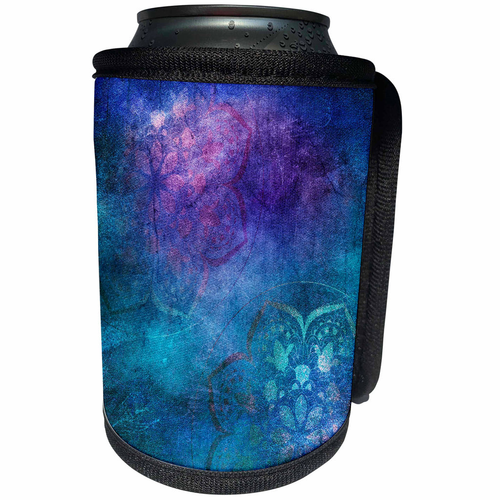 3dRose Anne Marie Baugh - Design - Pretty Faux Printed Blue and Pink Foil Mandela On Blue - Can Cooler Bottle Wrap (cc_283064)