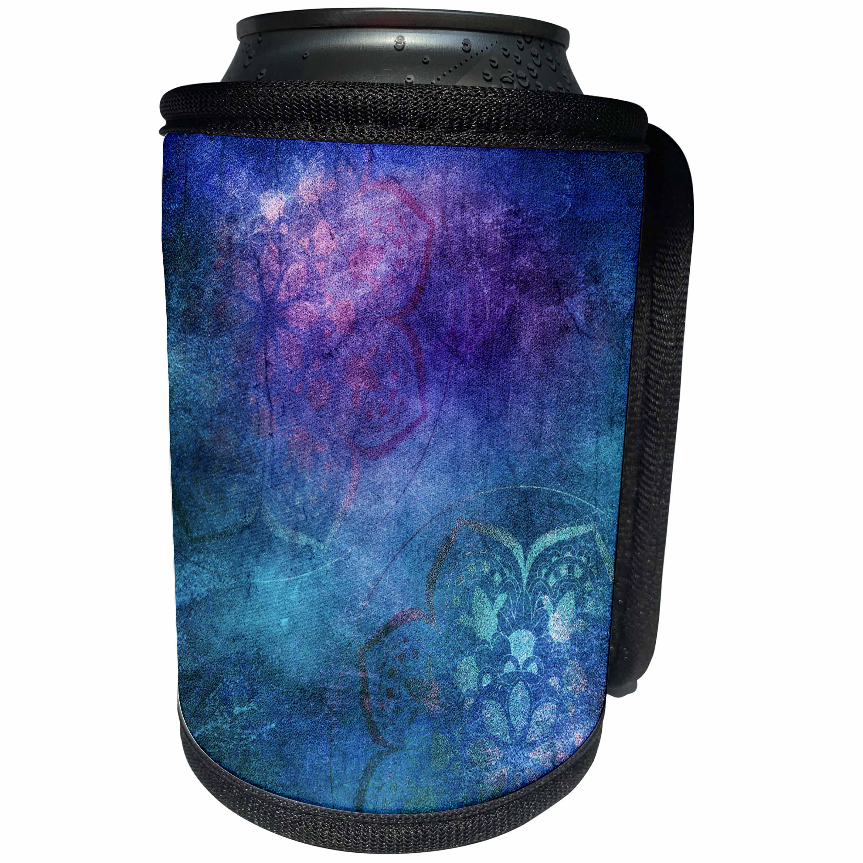 3dRose Anne Marie Baugh - Design - Pretty Faux Printed Blue and Pink Foil Mandela On Blue - Can Cooler Bottle Wrap (cc_283064)