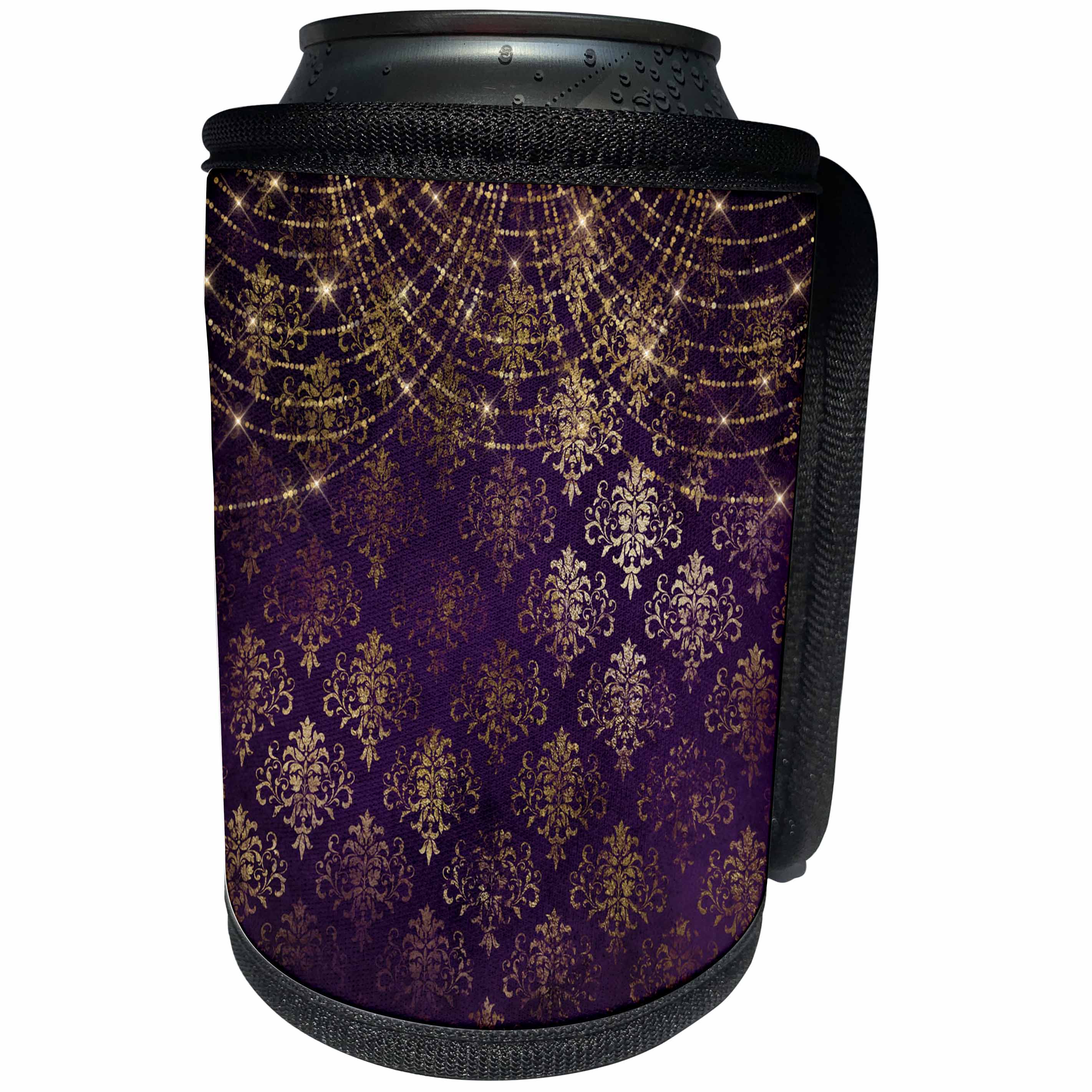 3dRose Anne Marie Baugh - Design - Pretty Faux Gold Damask On Purple With Sparkle String Lights - Can Cooler Bottle Wrap (cc_283070)