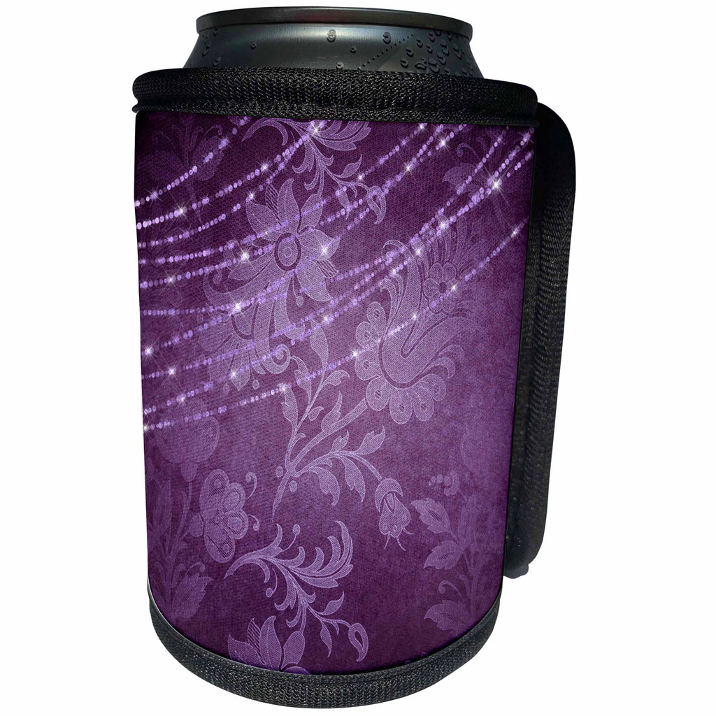 3dRose Anne Marie Baugh - Design - Pretty White Floral Overlaid On Soft Purple With Sparkle Lights - Can Cooler Bottle Wrap (cc_283075)