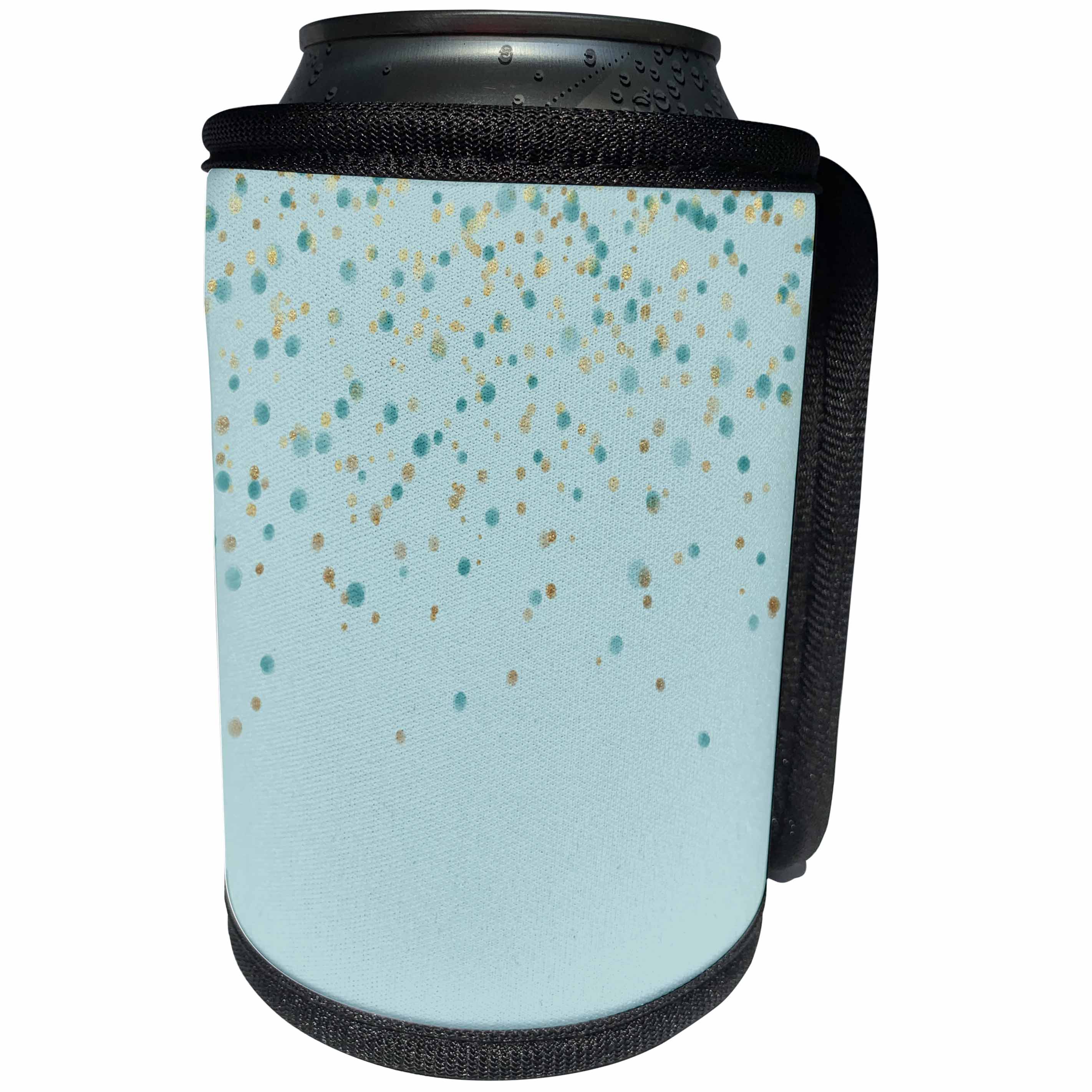 3dRose Anne Marie Baugh - Confetti - Aqua and Faux Gold Confetti On A Light Blue Background - Can Cooler Bottle Wrap (cc_283087)
