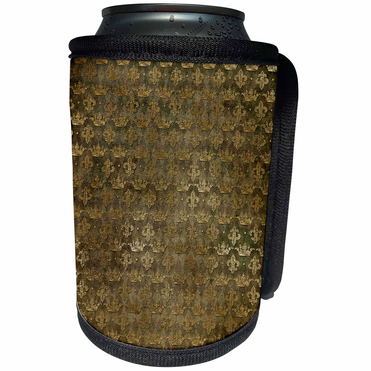 3dRose Anne Marie Baugh - Patterns - Fancy Faux Gold Crowns and Fleur De Lis On Grunge Brown Pattern - Can Cooler Bottle Wrap (cc_283114)