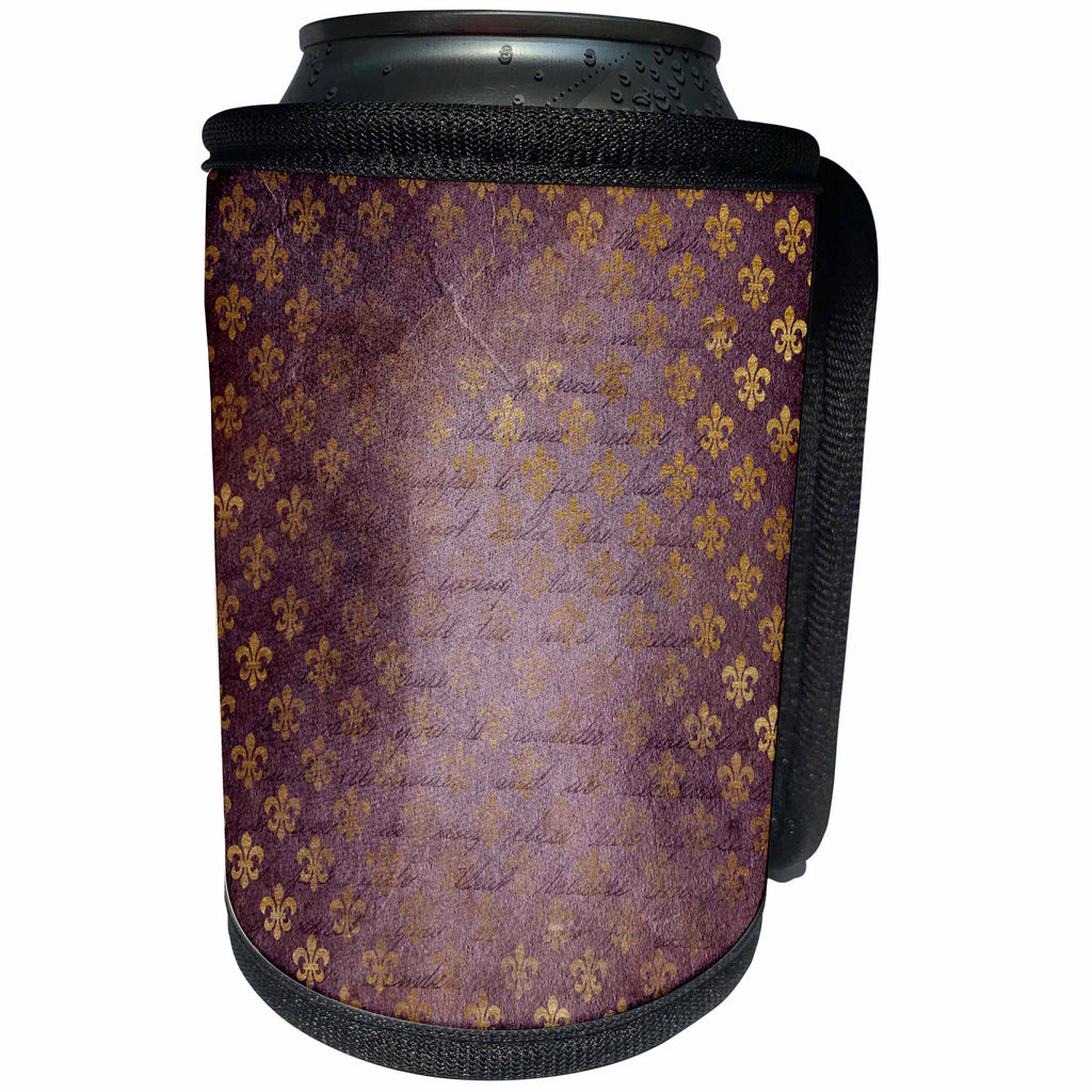 3dRose Anne Marie Baugh - Patterns - Pretty Faux Gold Fleur De Lis On Purple Ephemra Pattern - Can Cooler Bottle Wrap (cc_283117)