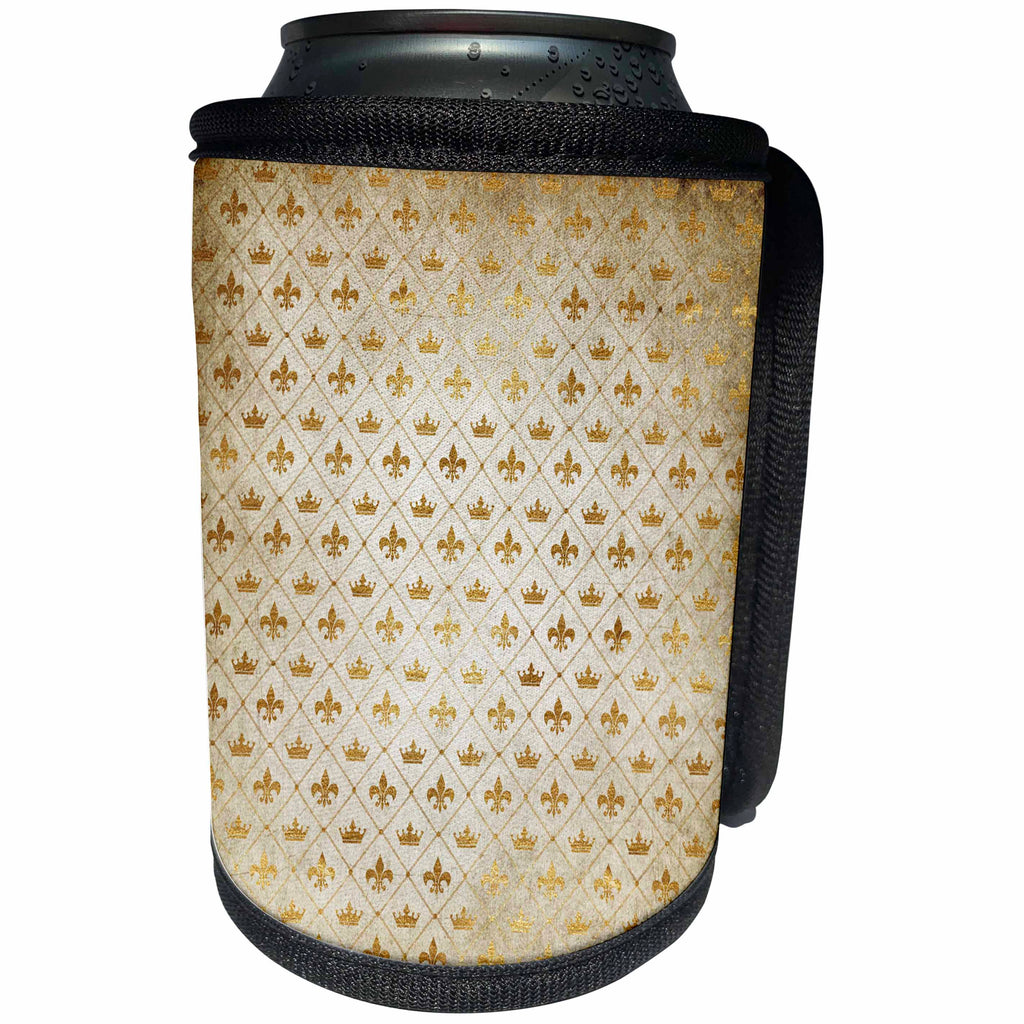 3dRose Anne Marie Baugh - Patterns - Glam Faux Gold Crowns and Fleur De Lis In A Triangle Pattern - Can Cooler Bottle Wrap (cc_283122)