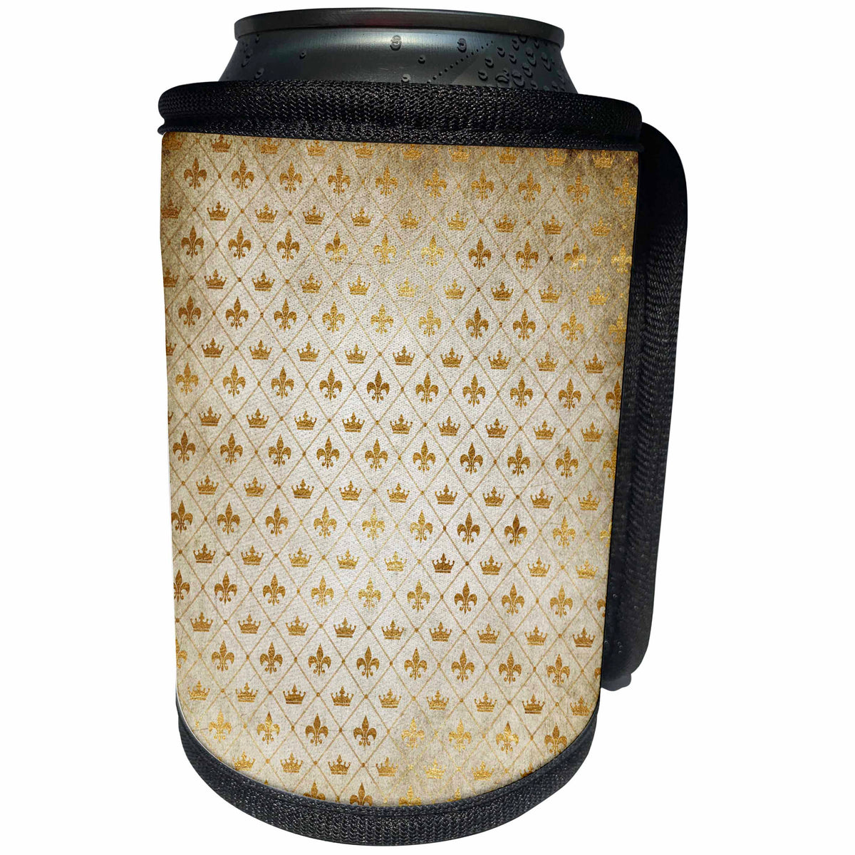 3dRose Anne Marie Baugh - Patterns - Glam Faux Gold Crowns and Fleur De Lis In A Triangle Pattern - Can Cooler Bottle Wrap (cc_283122)
