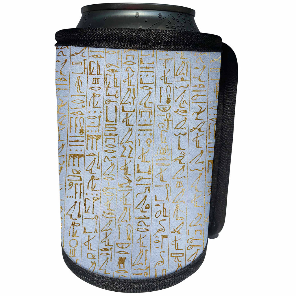 3dRose Anne Marie Baugh - Patterns - Light Blue and Faux Gold Egyptian Hieroglyphics Pattern - Can Cooler Bottle Wrap (cc_283128)