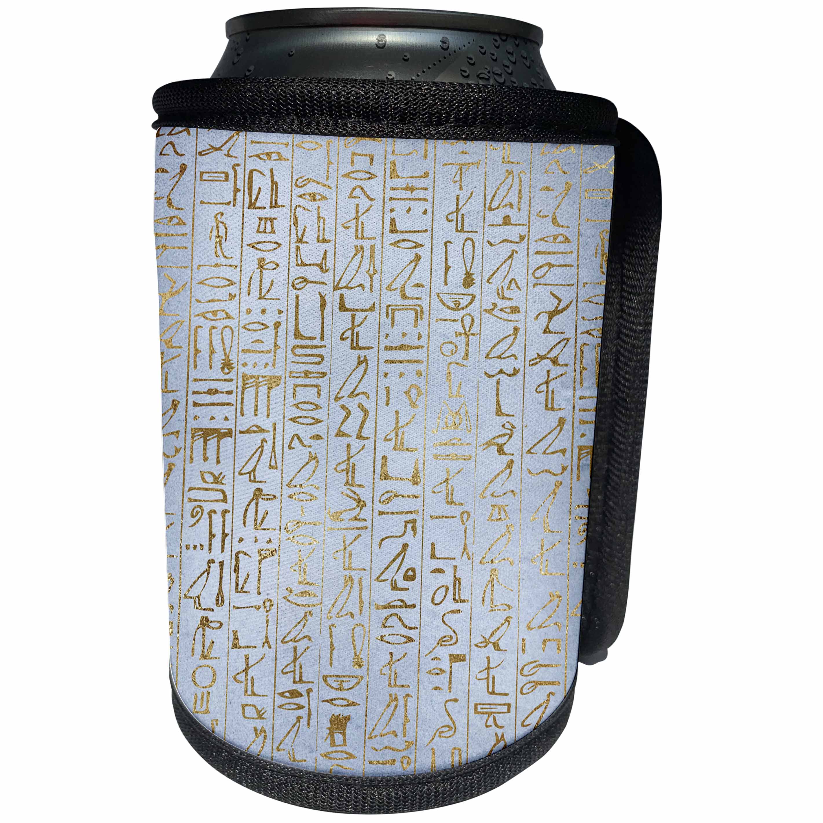 3dRose Anne Marie Baugh - Patterns - Light Blue and Faux Gold Egyptian Hieroglyphics Pattern - Can Cooler Bottle Wrap (cc_283128)