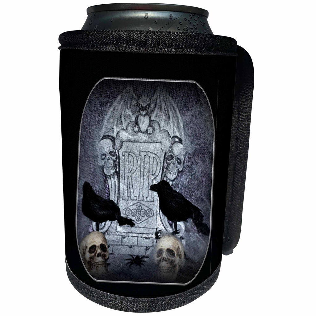 3dRose WhiteOaks Halloween Skulls - RIP with Crow Halloween Skull Design - Can Cooler Bottle Wrap (cc_28313)