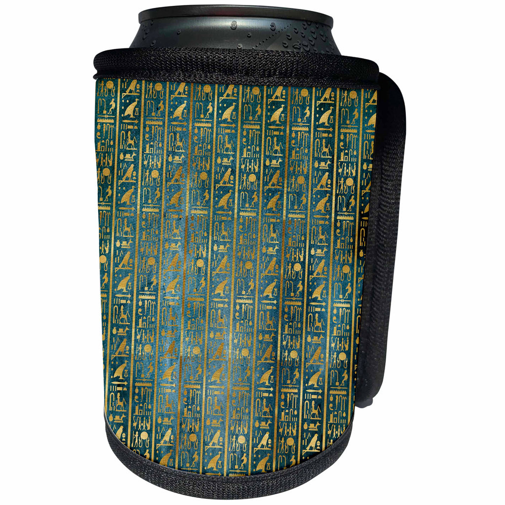 3dRose Anne Marie Baugh - Patterns - Royal Blue and Faux Gold Egyptian Symbols Pattern - Can Cooler Bottle Wrap (cc_283130)