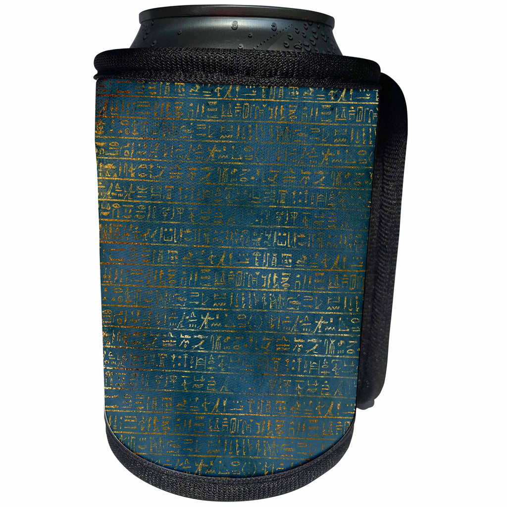 3dRose Anne Marie Baugh - Patterns - Blue and Faux Gold Grunge Egyptian Symbols Pattern - Can Cooler Bottle Wrap (cc_283131)