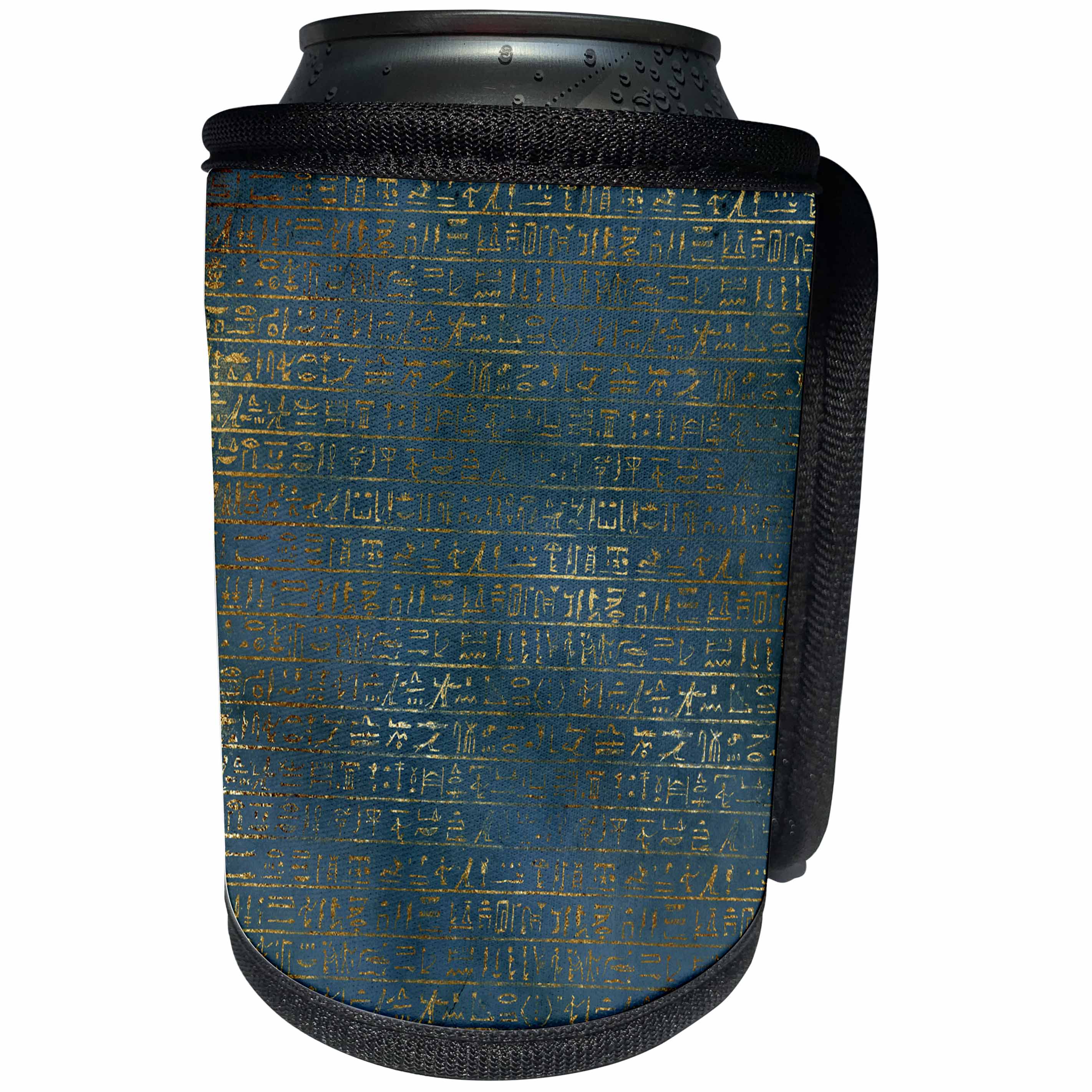 3dRose Anne Marie Baugh - Patterns - Blue and Faux Gold Grunge Egyptian Symbols Pattern - Can Cooler Bottle Wrap (cc_283131)