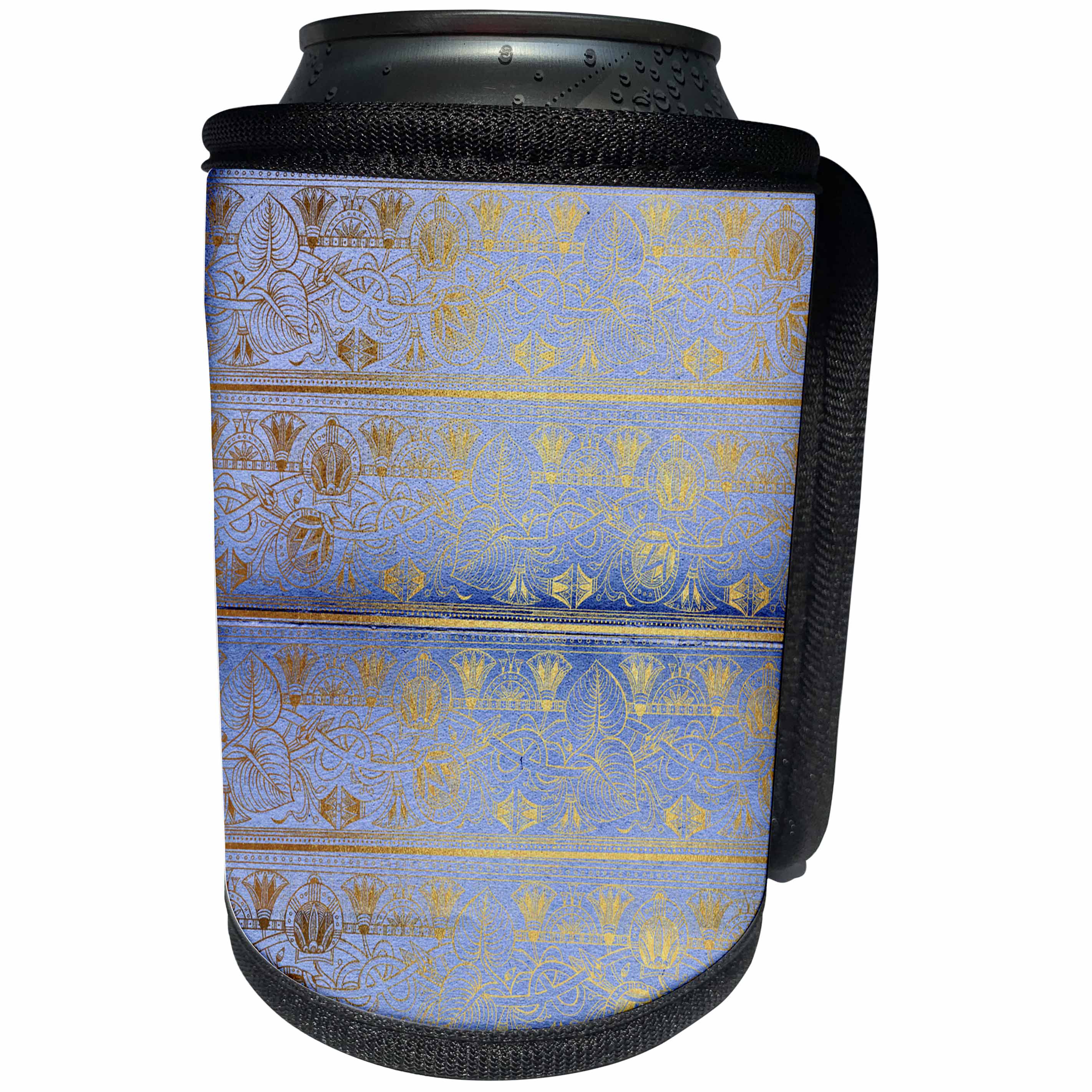 3dRose Anne Marie Baugh - Designs - Bright Blue and Faux Gold Fancy Egyptian Design In Rows - Can Cooler Bottle Wrap (cc_283136)
