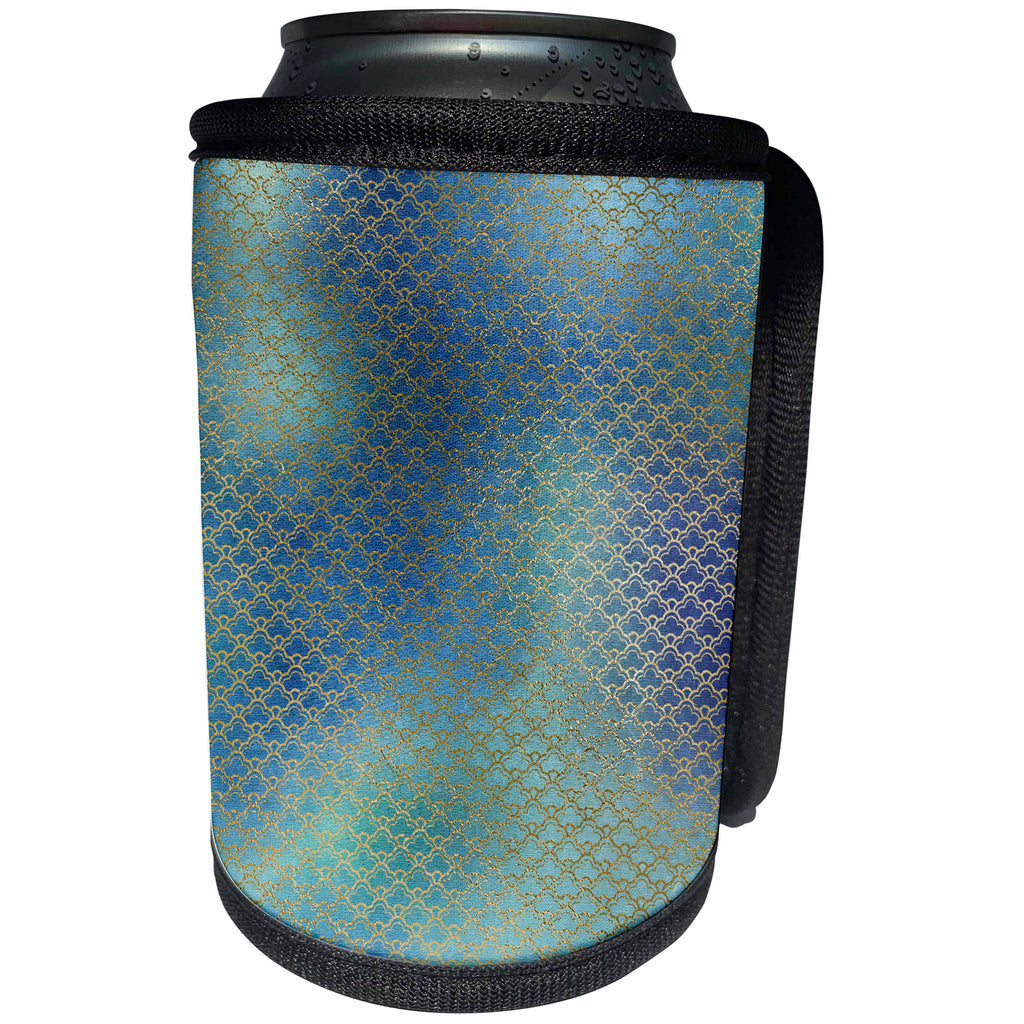 3dRose Anne Marie Baugh - Patterns - Fancy Faux Gold Outlined Scallops On A Blue and Green Background - Can Cooler Bottle Wrap (cc_283143)