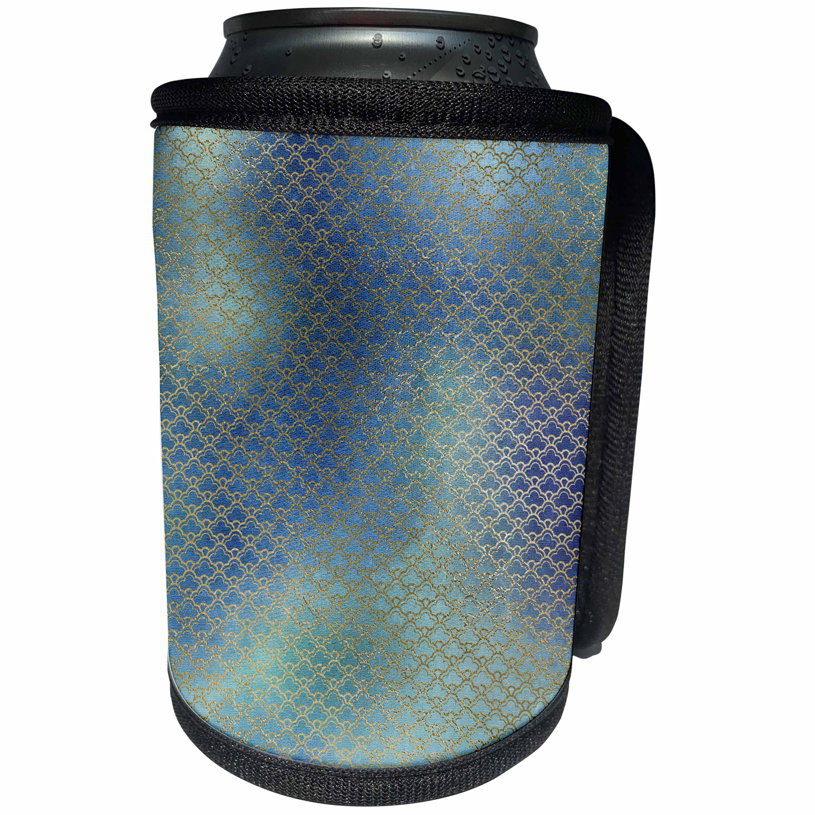 3dRose Anne Marie Baugh - Patterns - Fancy Faux Gold Outlined Scallops On A Blue and Green Background - Can Cooler Bottle Wrap (cc_283143)
