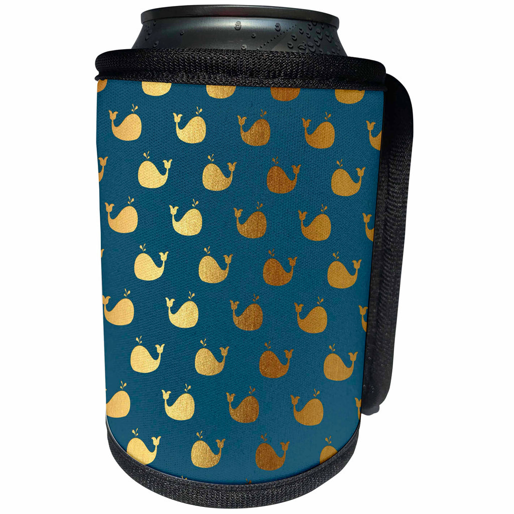 3dRose Anne Marie Baugh - Patterns - Cute Faux Gold Whale Pattern On Blue - Can Cooler Bottle Wrap (cc_283150)