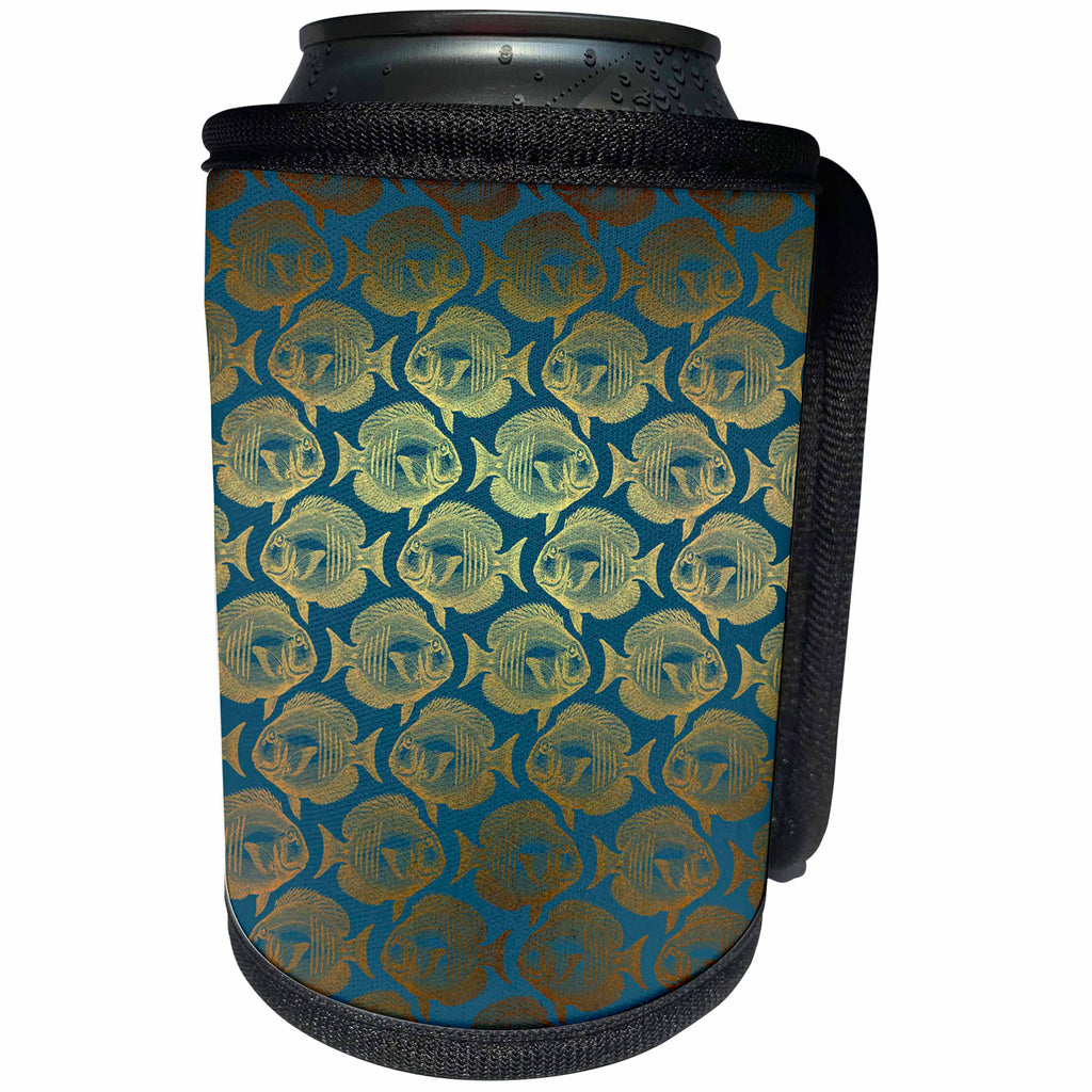 3dRose Anne Marie Baugh - Patterns - Old World Faux Gold Fish On A Blue Background - Can Cooler Bottle Wrap (cc_283151)