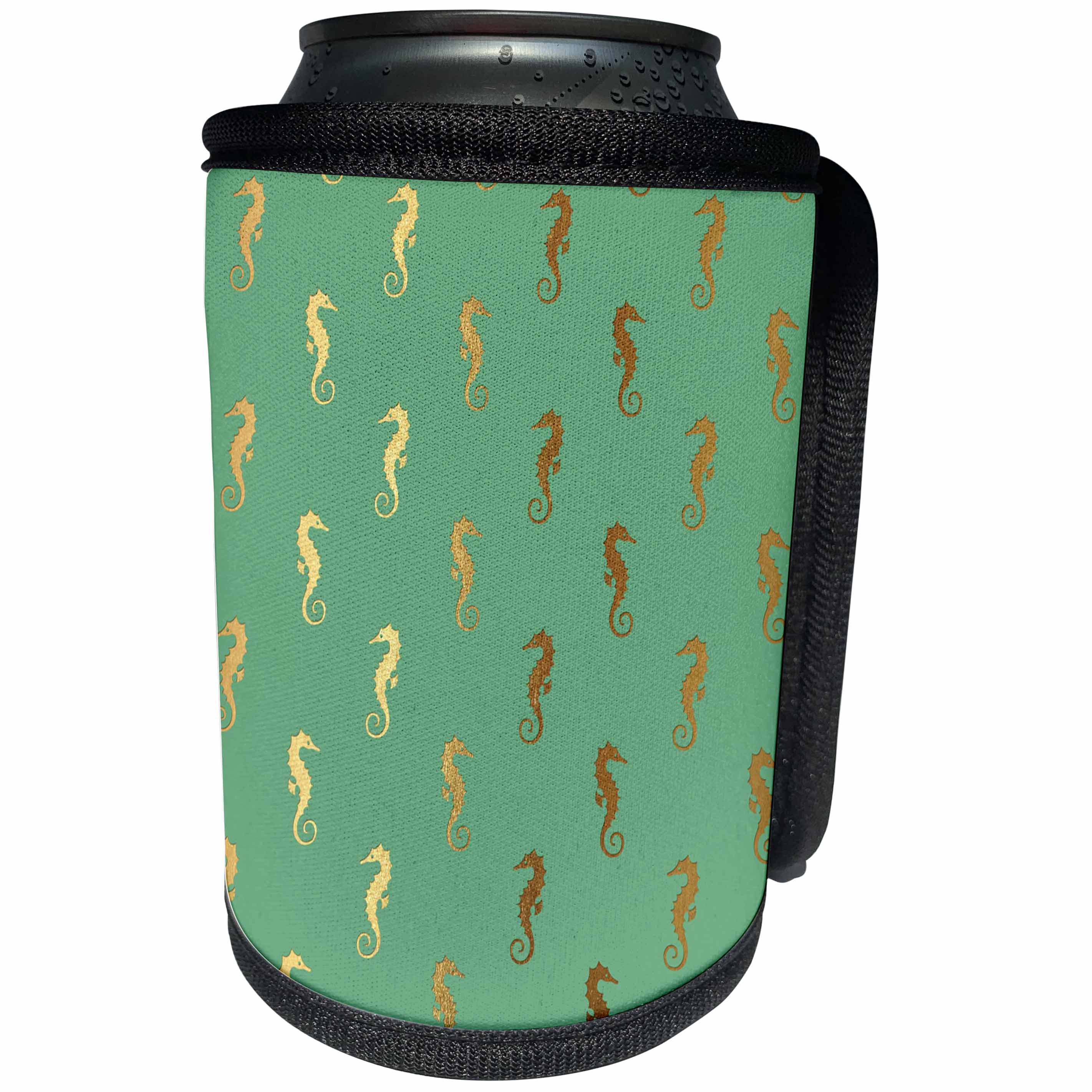 3dRose Anne Marie Baugh - Patterns - Chic Faux Gold Seahorse and Green Pattern - Can Cooler Bottle Wrap (cc_283155)