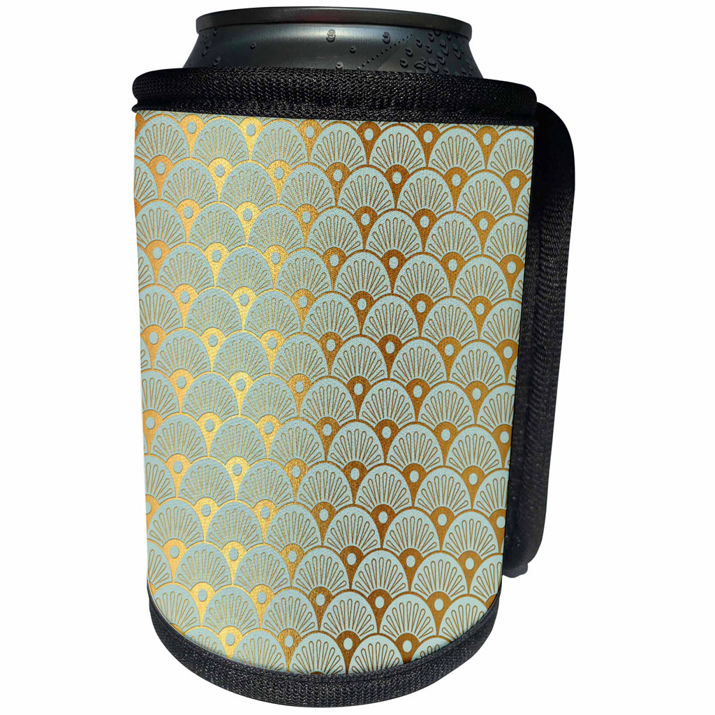 3dRose Anne Marie Baugh - Patterns - Elegant Fancy Fan Art Deco Faux Gold and Light Blue Pattern - Can Cooler Bottle Wrap (cc_283156)