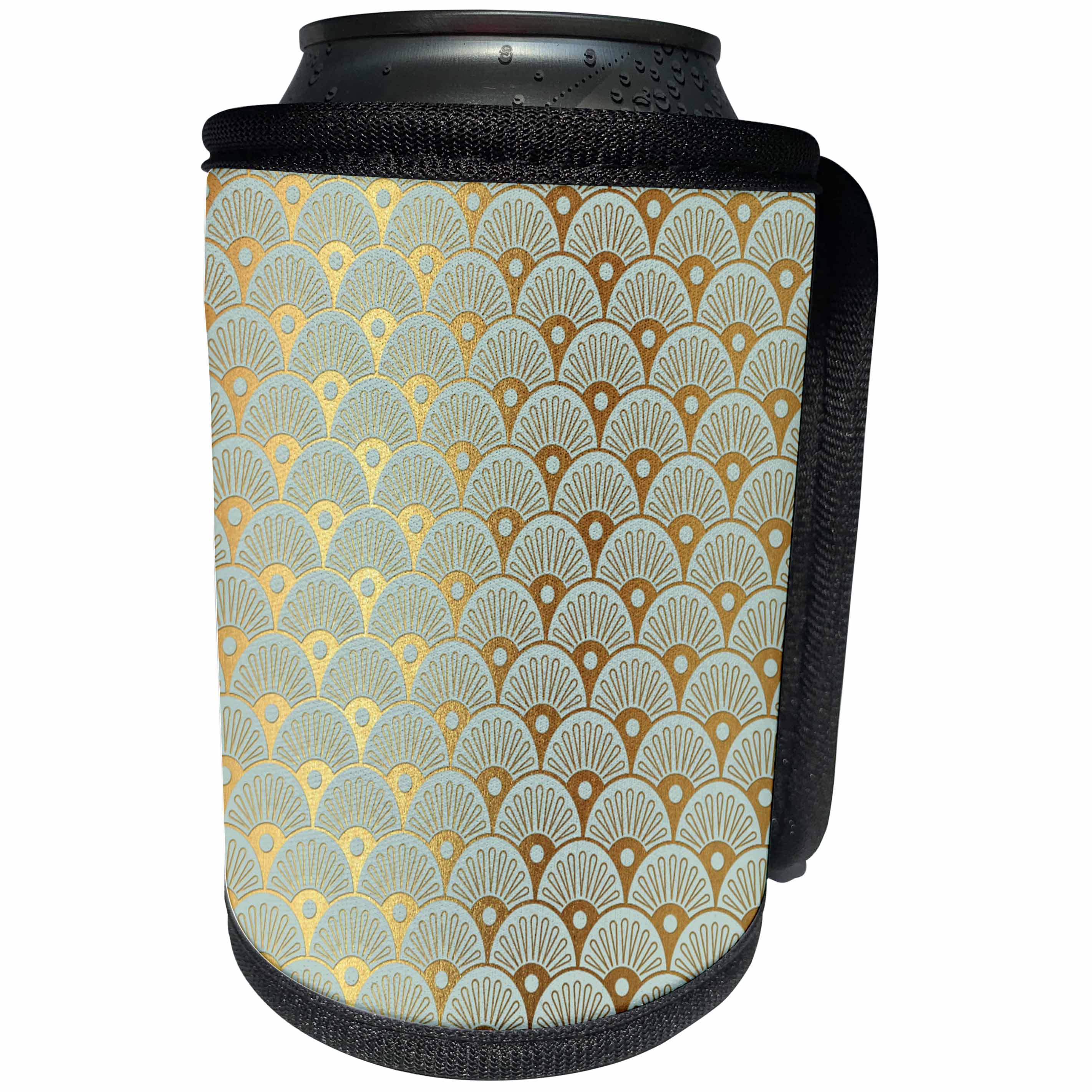 3dRose Anne Marie Baugh - Patterns - Elegant Fancy Fan Art Deco Faux Gold and Light Blue Pattern - Can Cooler Bottle Wrap (cc_283156)