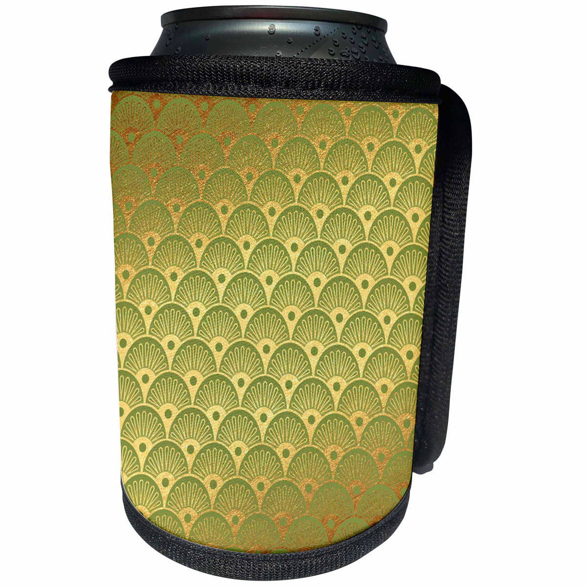 3dRose Anne Marie Baugh - Patterns - Chic Faux Gold Art Deco Fans On A Green Background - Can Cooler Bottle Wrap (cc_283163)