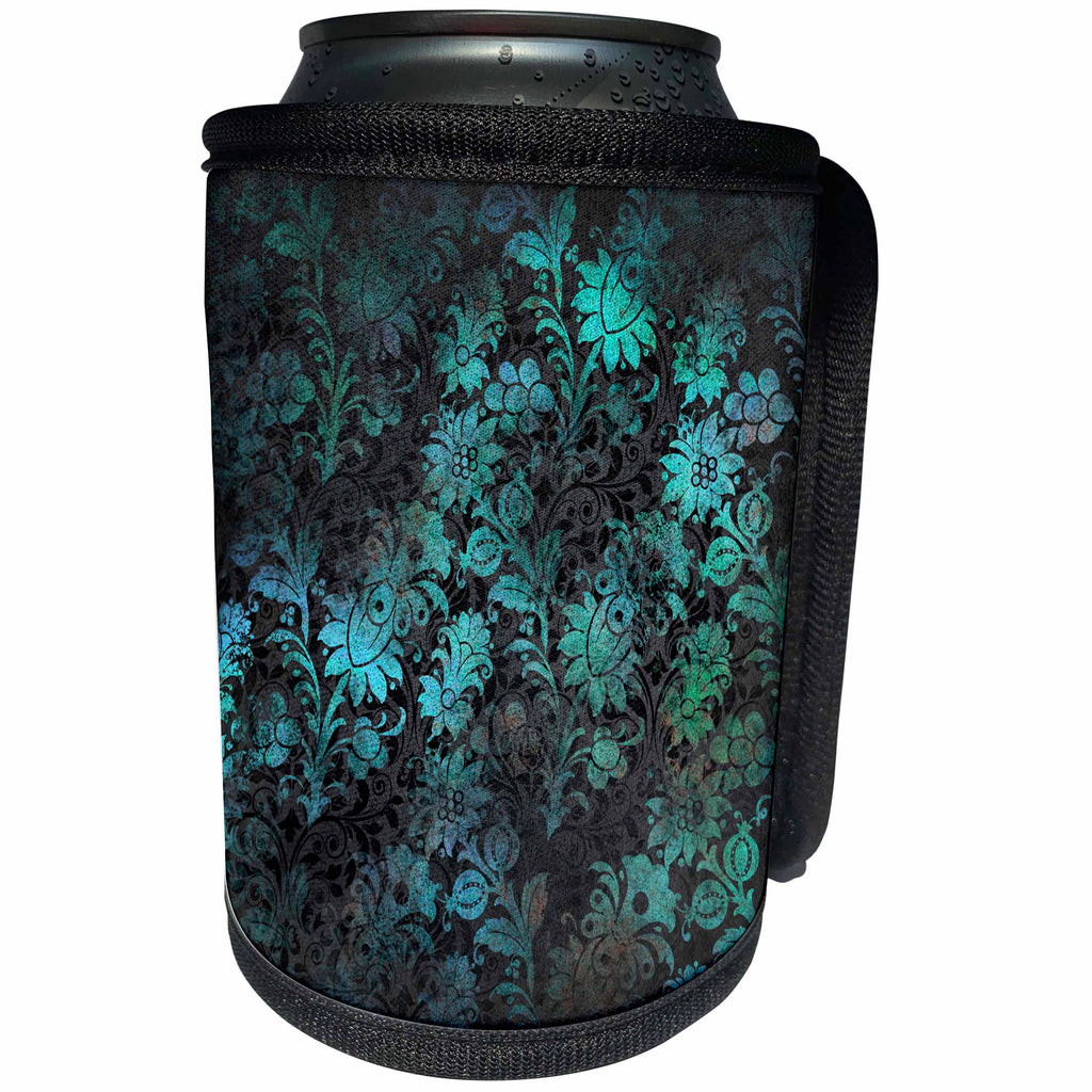 3dRose Anne Marie Baugh - Patterns - Gray and Aqua Grunge Floral Art Deco Layered Pattern - Can Cooler Bottle Wrap (cc_283180)
