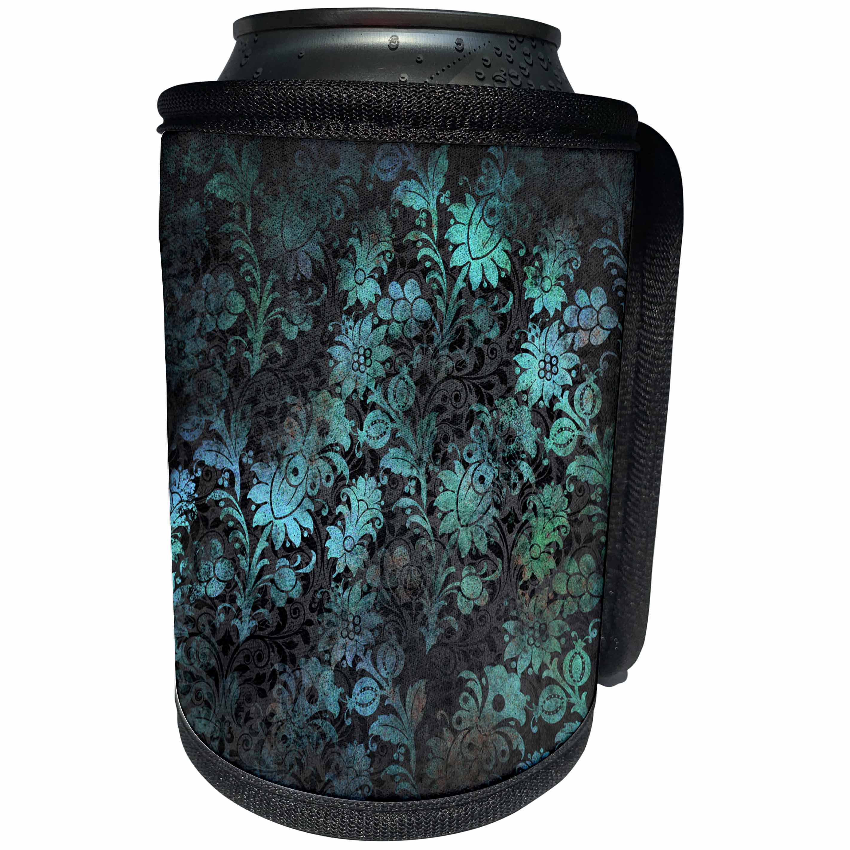 3dRose Anne Marie Baugh - Patterns - Gray and Aqua Grunge Floral Art Deco Layered Pattern - Can Cooler Bottle Wrap (cc_283180)