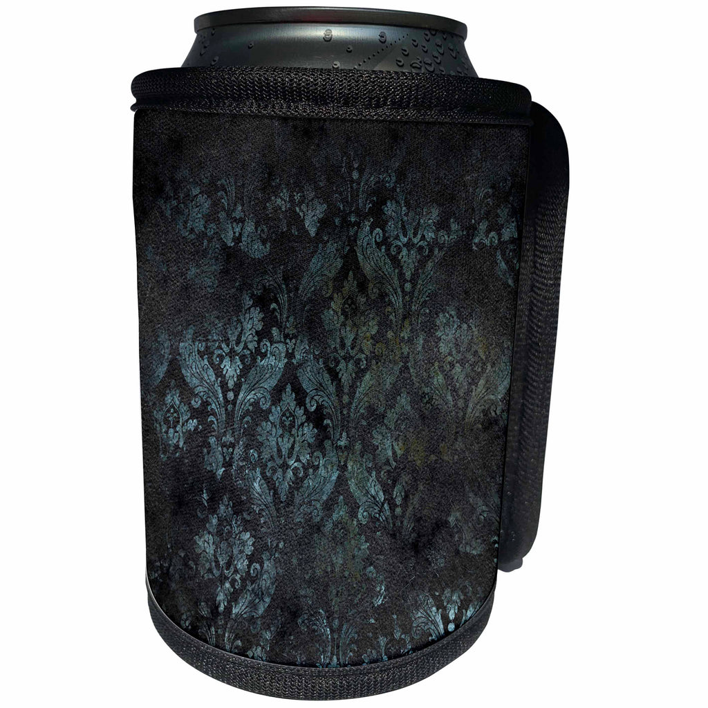 3dRose Anne Marie Baugh - Patterns - Chic Aqua On Black Grunge Faded Damask Pattern - Can Cooler Bottle Wrap (cc_283183)