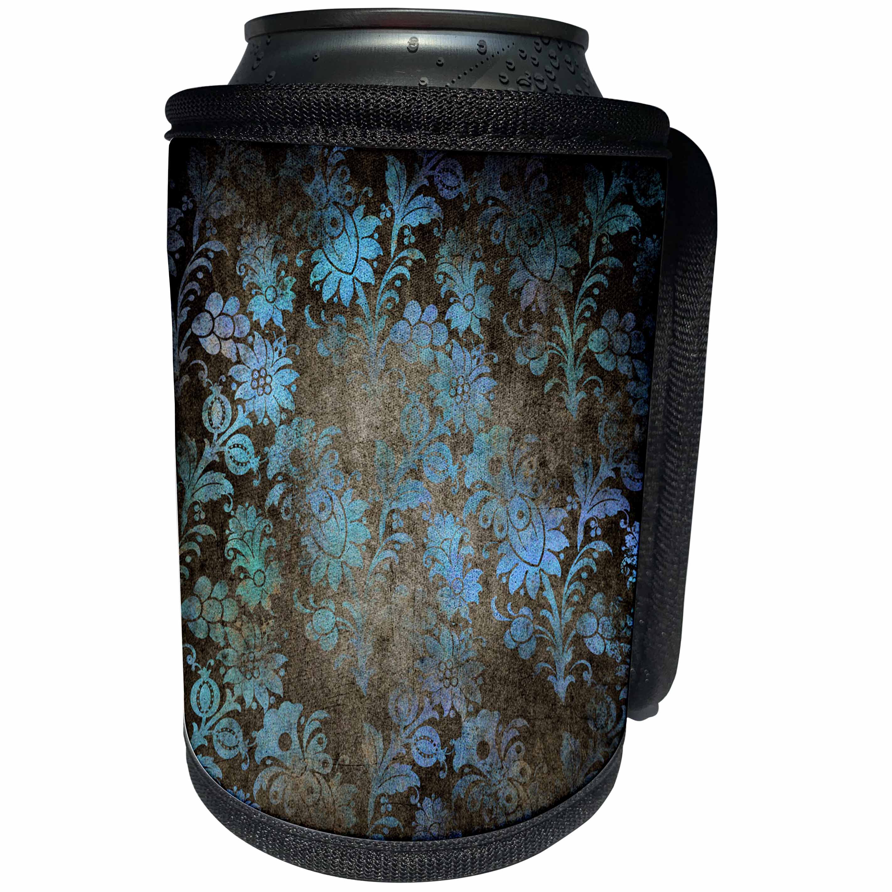 3dRose Anne Marie Baugh - Patterns - Pretty Light Blue Art Deco Floral On A Grunge Brown Background - Can Cooler Bottle Wrap (cc_283188)