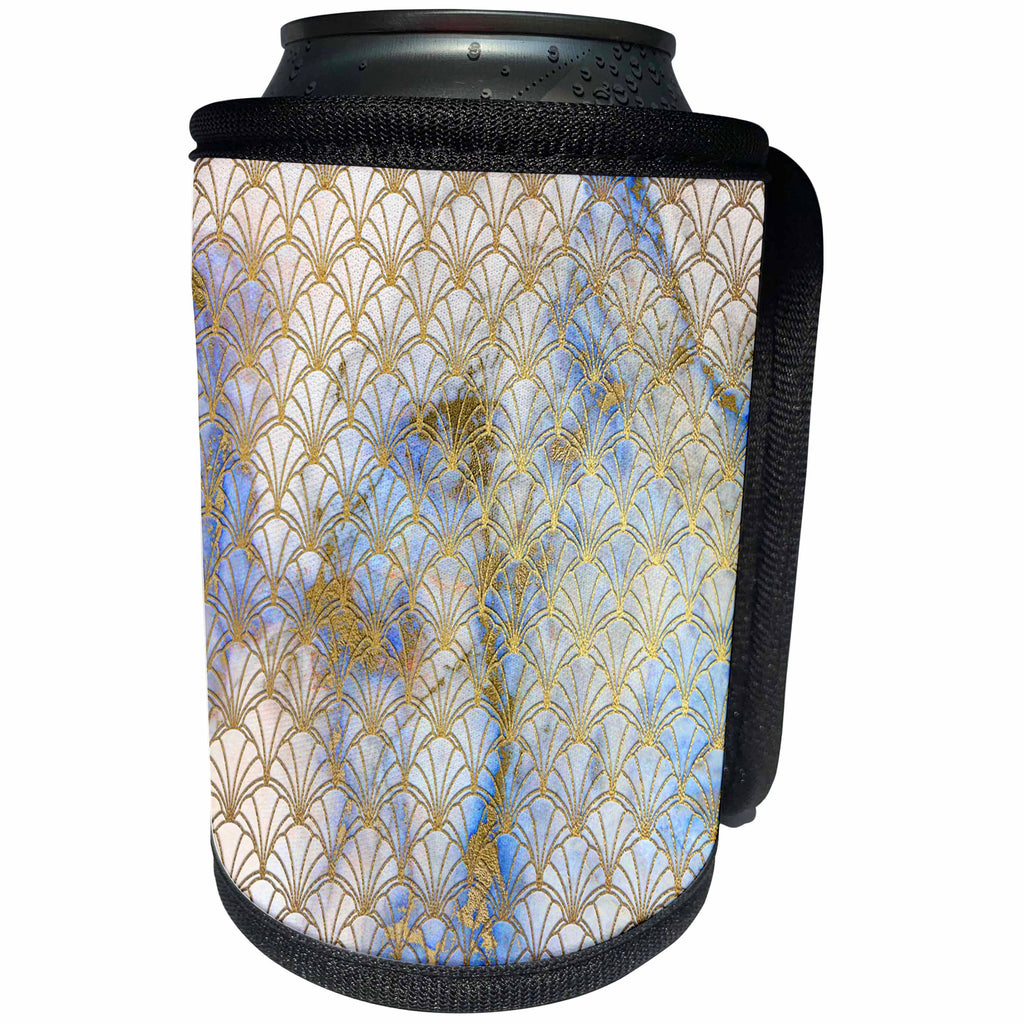 3dRose Anne Marie Baugh - Patterns - Chic Faux Gold Fancy Art Deco Fans On Blue and Gold Marble - Can Cooler Bottle Wrap (cc_283228)