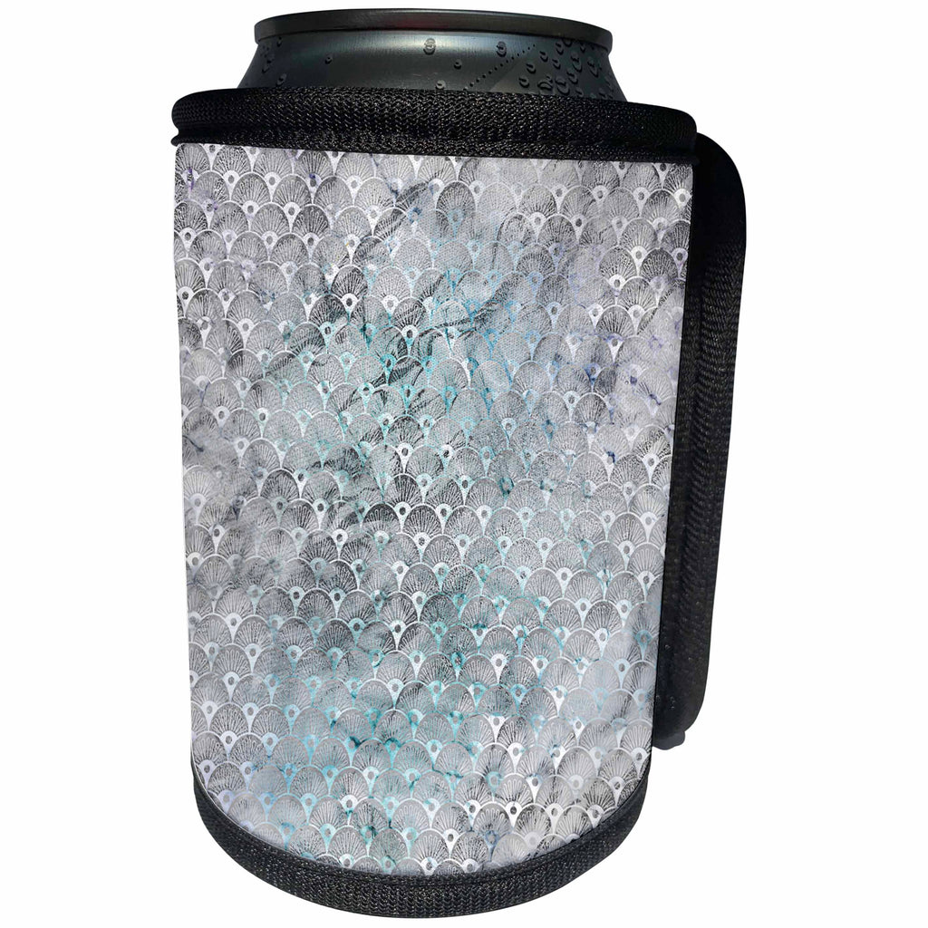 3dRose Anne Marie Baugh - Patterns - Black and White Art Deco Fans On Blue and White Marble - Can Cooler Bottle Wrap (cc_283229)