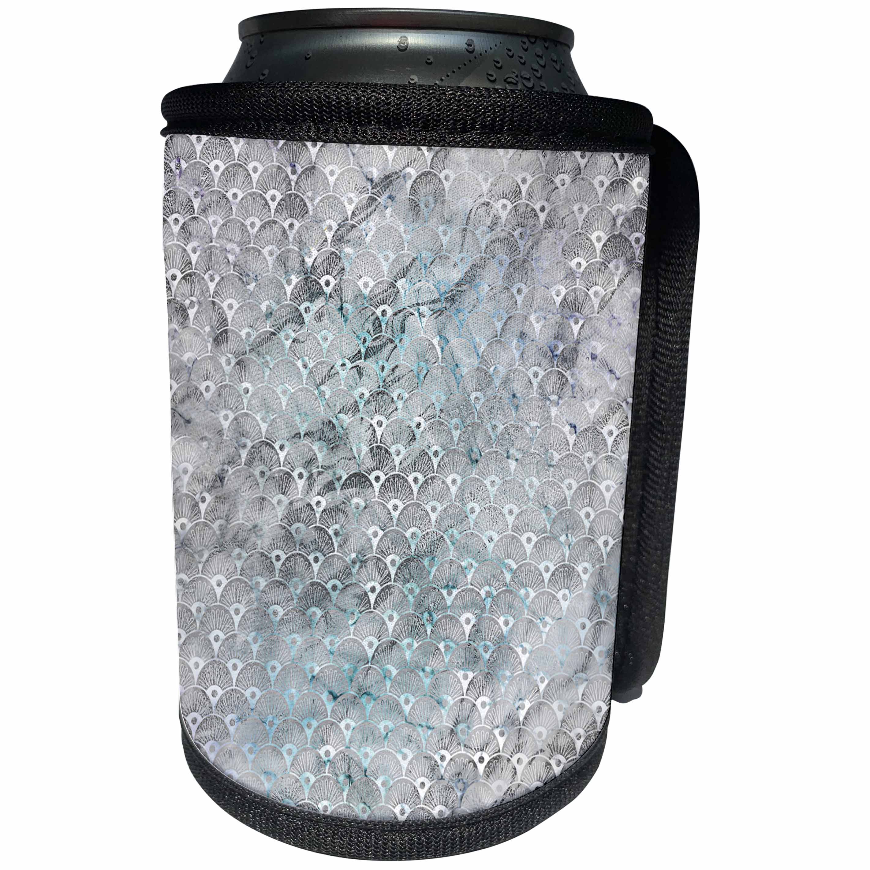3dRose Anne Marie Baugh - Patterns - Black and White Art Deco Fans On Blue and White Marble - Can Cooler Bottle Wrap (cc_283229)