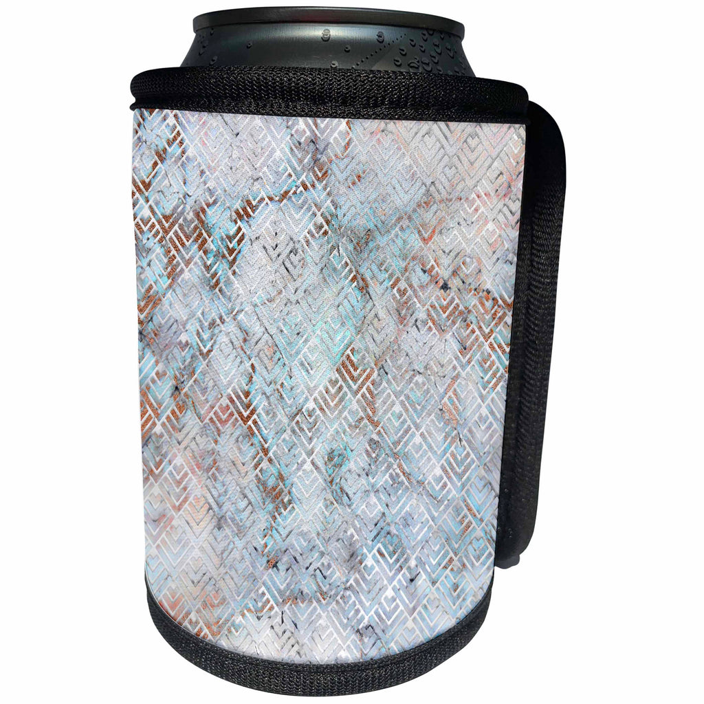 3dRose Anne Marie Baugh - Patterns - White Triple Squares On Aqua and Copper Marble Effect - Can Cooler Bottle Wrap (cc_283231)