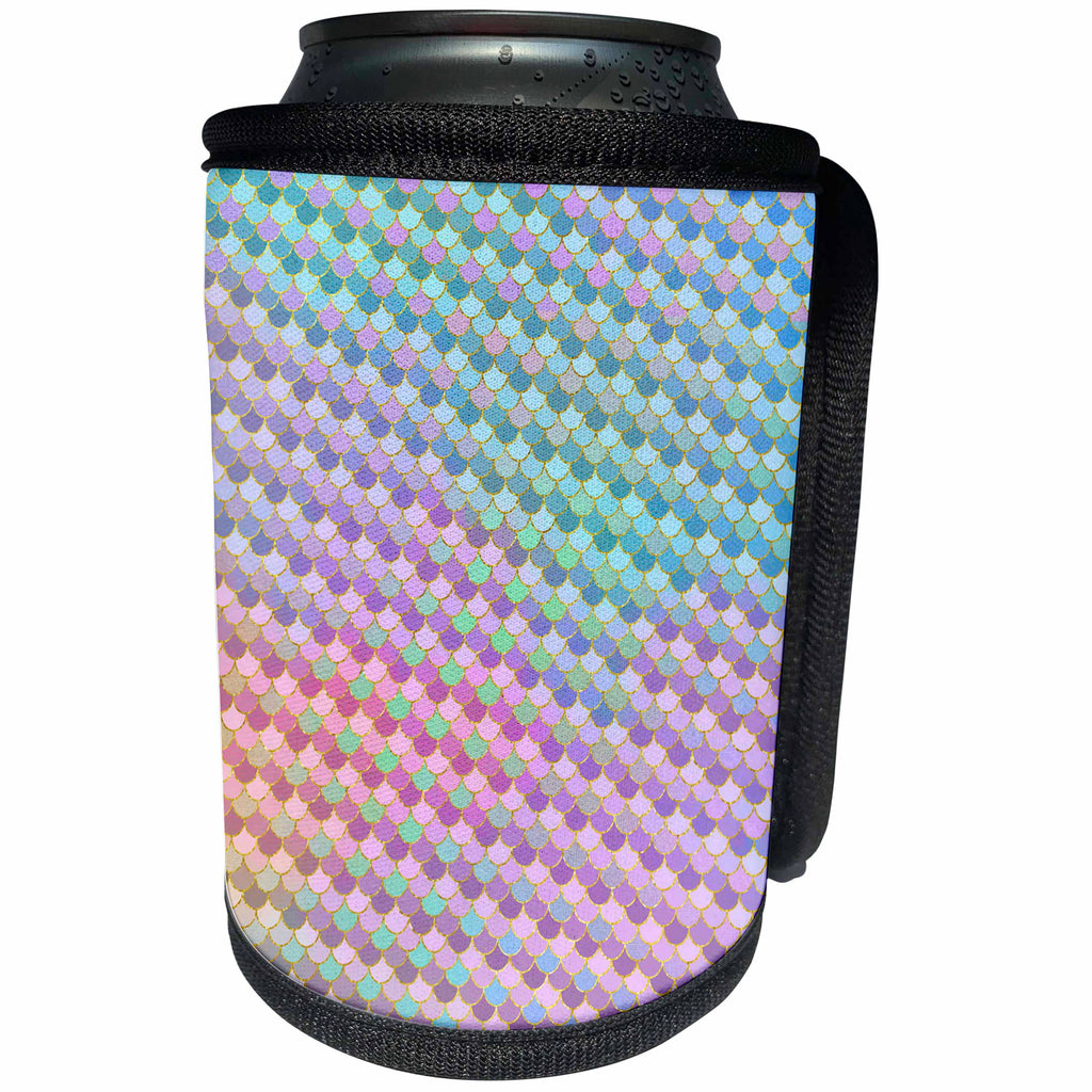 3dRose Anne Marie Baugh - Patterns - Blue, Pink, Green, Purple, and Faux Gold Mermaid Scallops - Can Cooler Bottle Wrap (cc_283233)