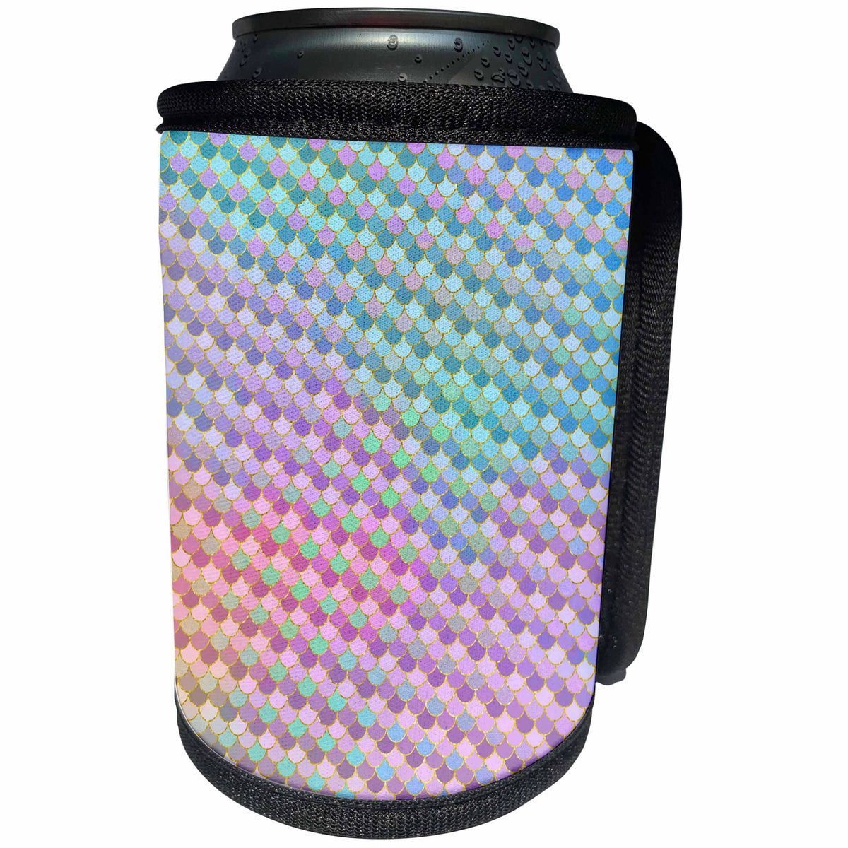 3dRose Anne Marie Baugh - Patterns - Blue, Pink, Green, Purple, and Faux Gold Mermaid Scallops - Can Cooler Bottle Wrap (cc_283233)