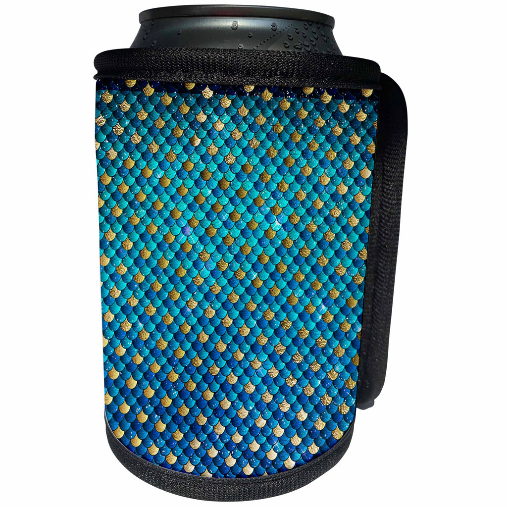 3dRose Anne Marie Baugh - Patterns - Royal Blue and Faux Gold Mermaid Scallops Pattern - Can Cooler Bottle Wrap (cc_283235)
