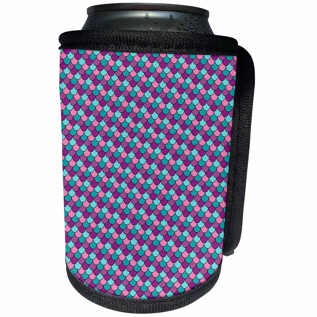 3dRose Anne Marie Baugh - Patterns - Pink, Purple, Light Blue Black Outlined Mermaid Scallops Pattern - Can Cooler Bottle Wrap (cc_283239)