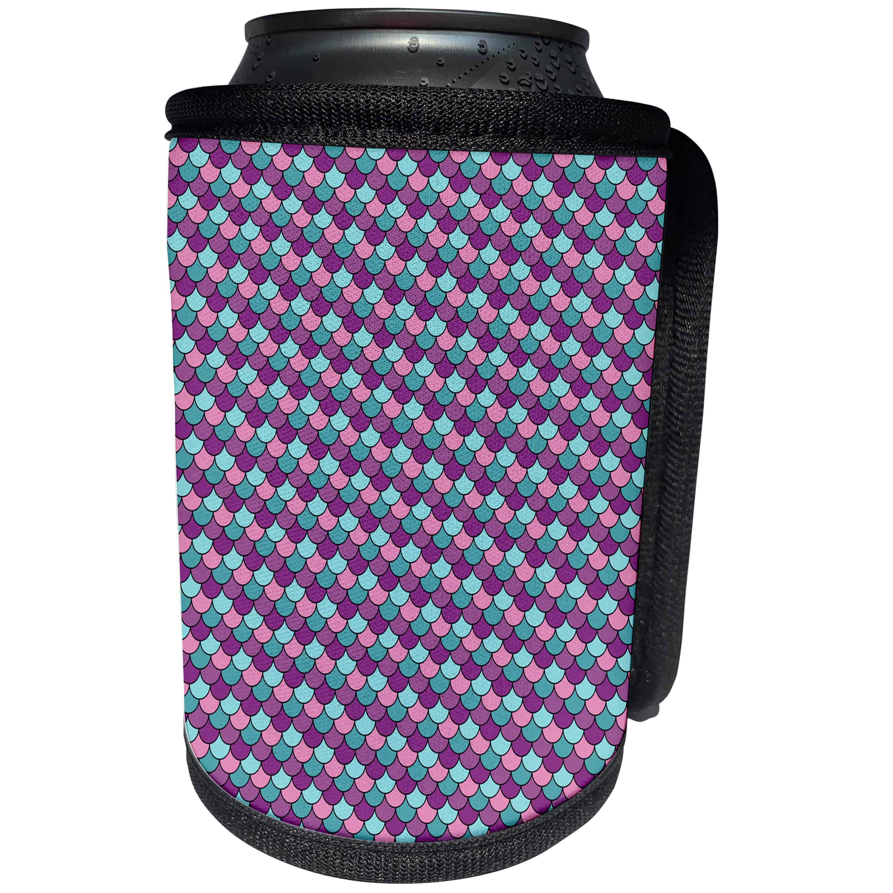 3dRose Anne Marie Baugh - Patterns - Pink, Purple, Light Blue Black Outlined Mermaid Scallops Pattern - Can Cooler Bottle Wrap (cc_283239)
