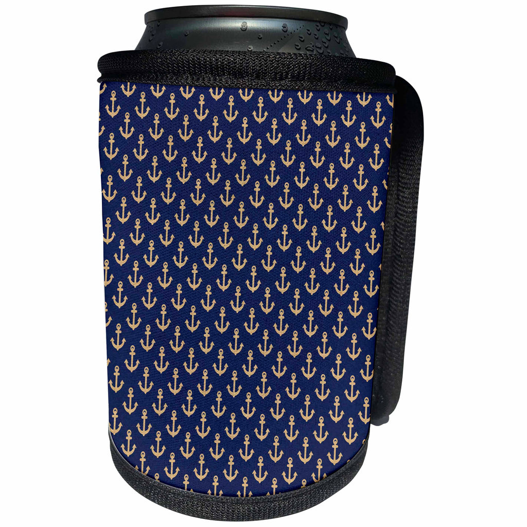 3dRose Anne Marie Baugh - Patterns - Chic Faux Gold Nautical Anchors On Blue Pattern - Can Cooler Bottle Wrap (cc_283243)